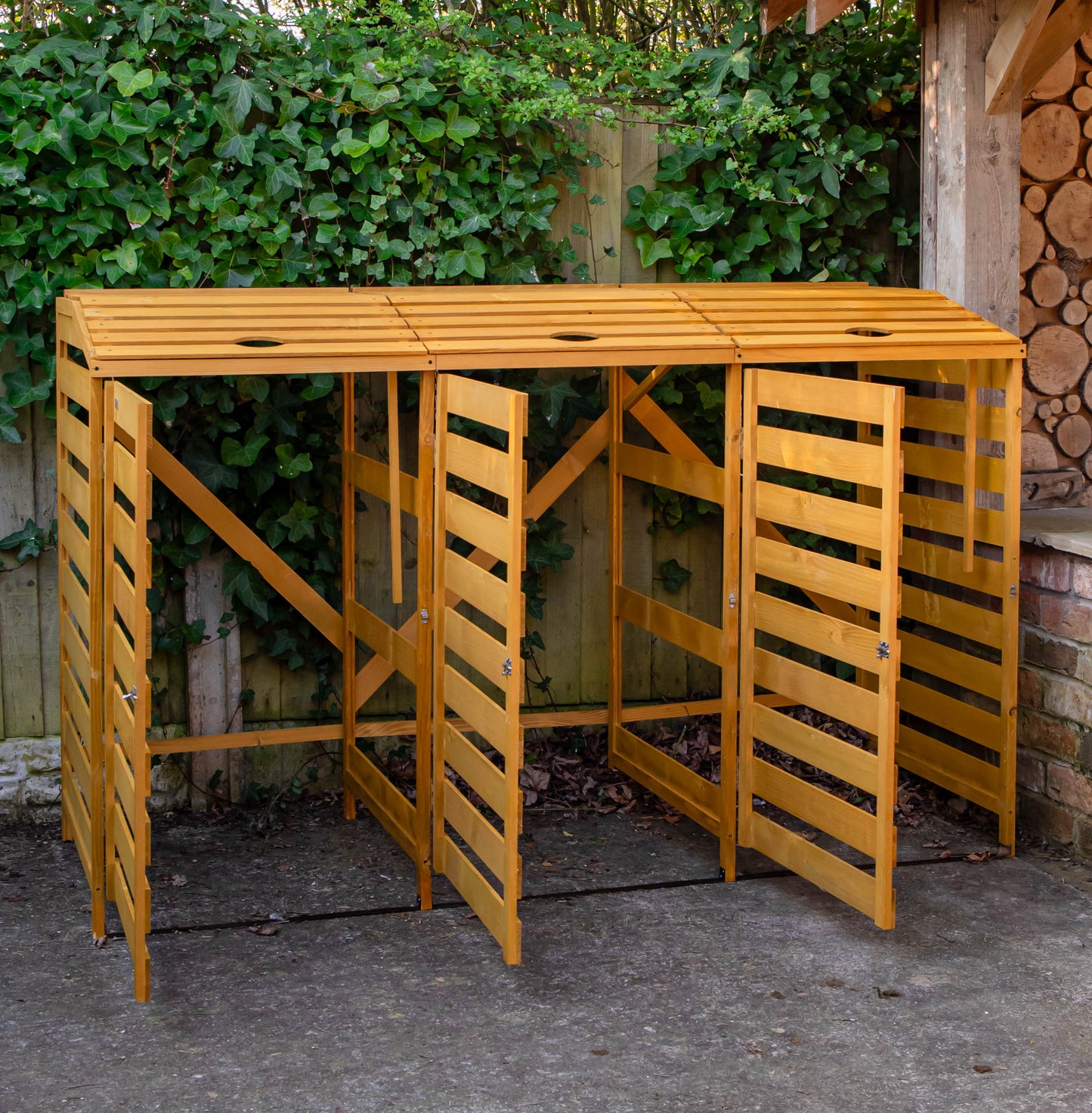 1.99m x 1.25m Large Wooden Outdoor Garden Triple Wheelie Bin Store Storage for 3 Bins