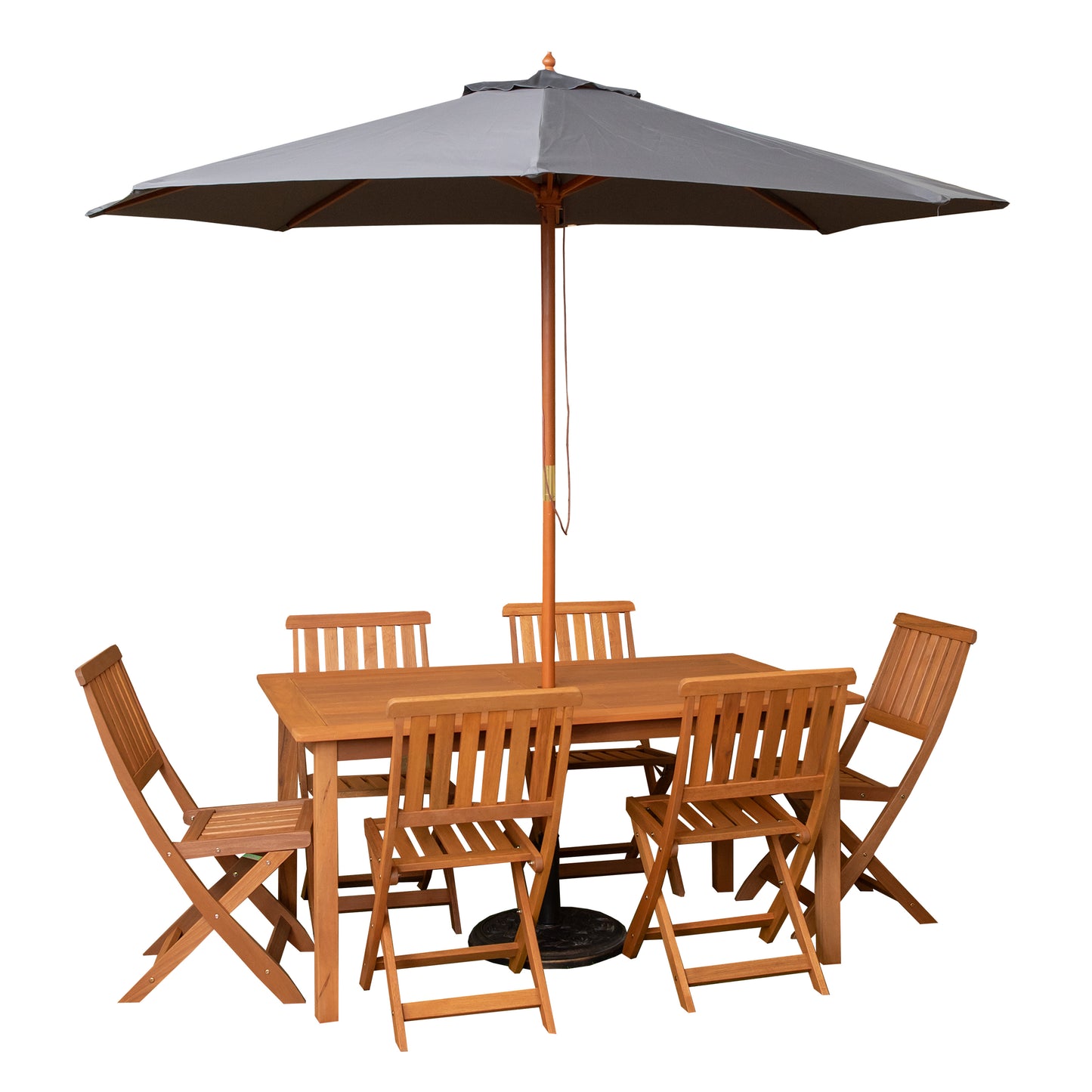 Outdoor 6 Person Rectangular Wooden Garden Patio Dining Table Chairs with Grey Parasol and Base Set
