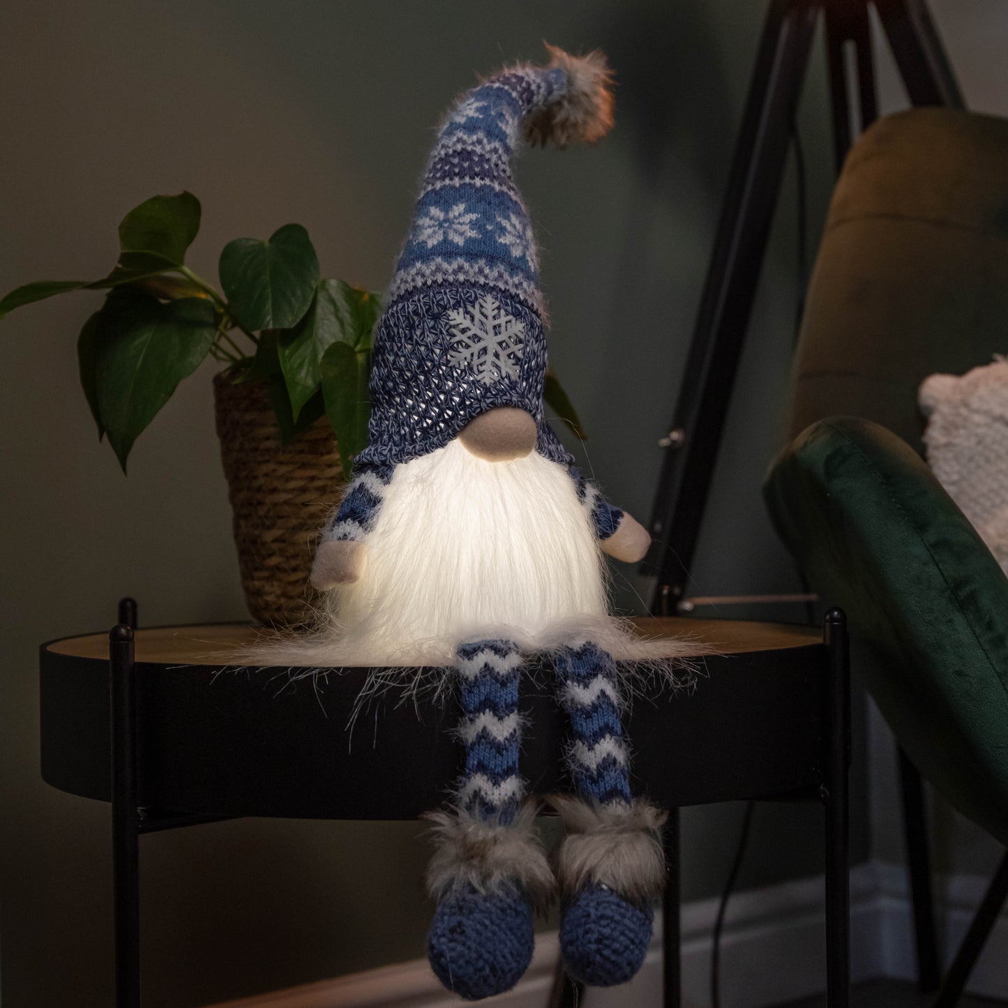 55cm Battery Operated Light up Blue Christmas Gonk with Dangly Legs & Snowflake Hat