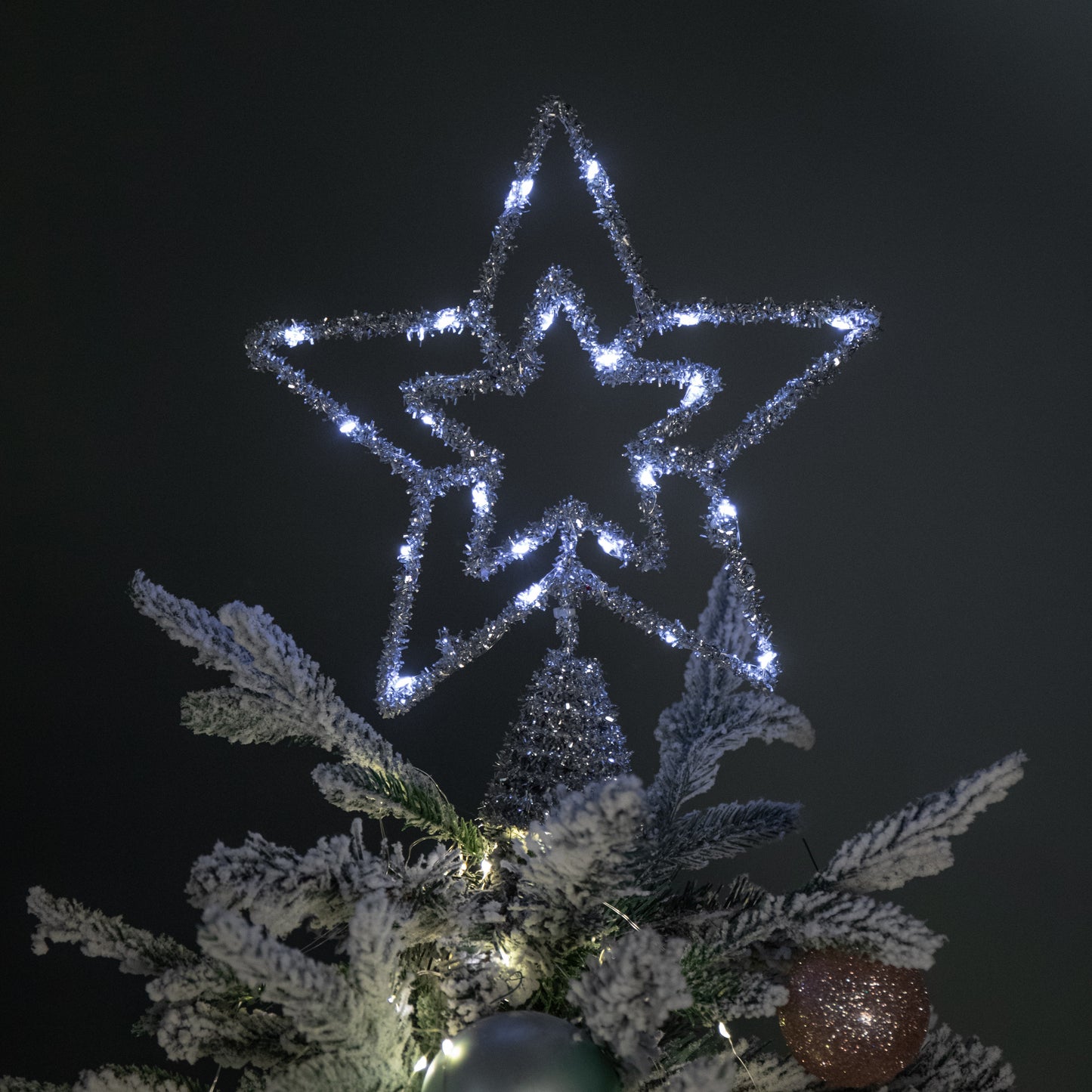 28cm Battery Powered Silver Christmas Star Tree Topper with White Multi-Action LEDs
