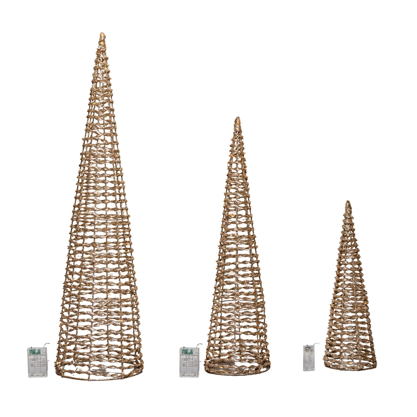 Set of 3 Gold Glitter Twist Christmas Cone Trees with 90 Warm White LEDs