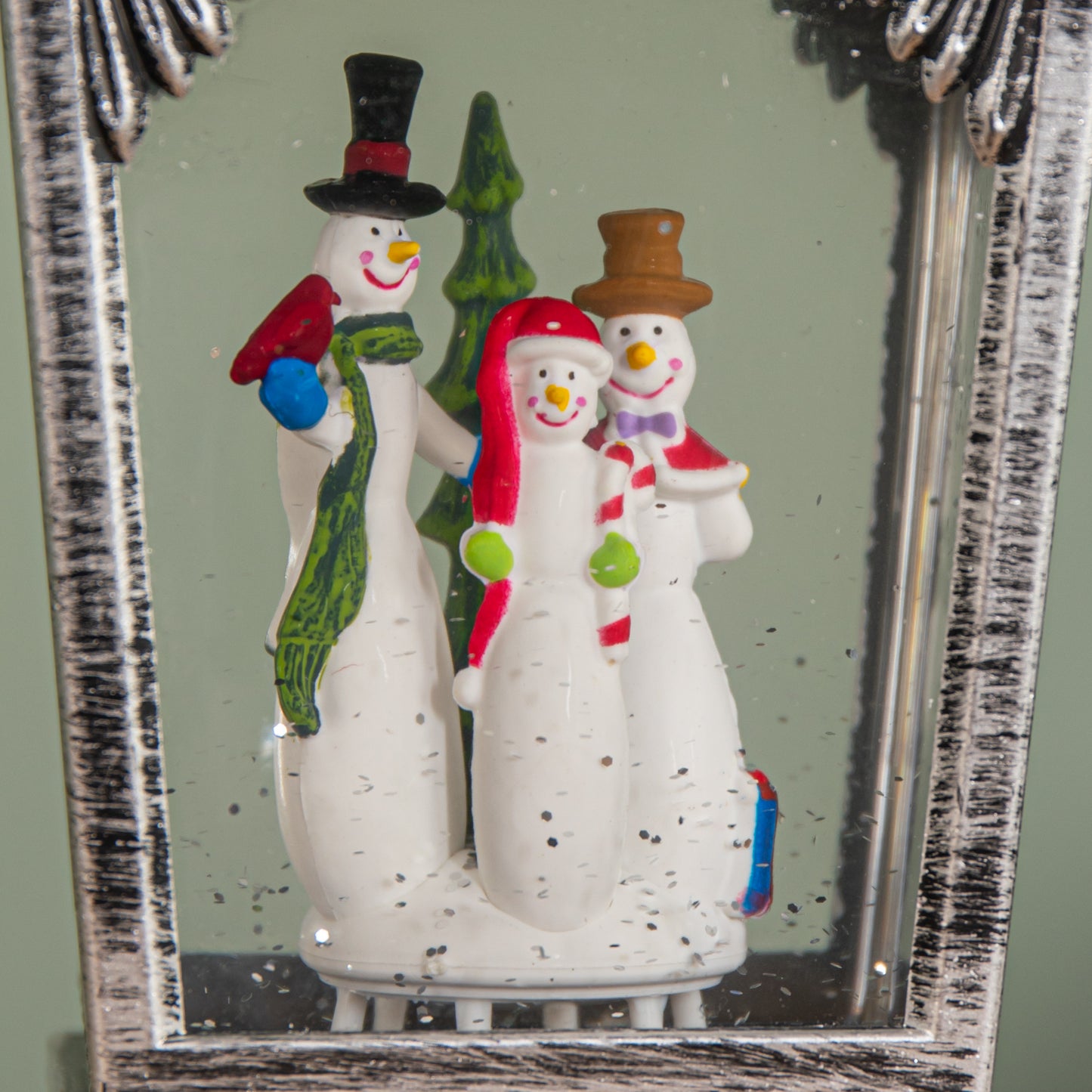 24cm Antique Trapezoid Lantern Glitter Water Spinner with Snowman Christmas Decoration