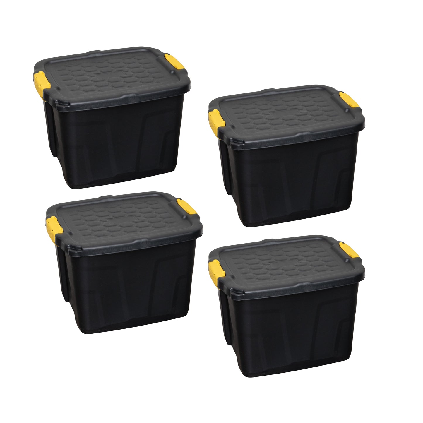 4 x 42L Heavy Duty Storage Tubs Sturdy, Lockable, Stackable and Nestable Design Storage Chests with Clips in Black