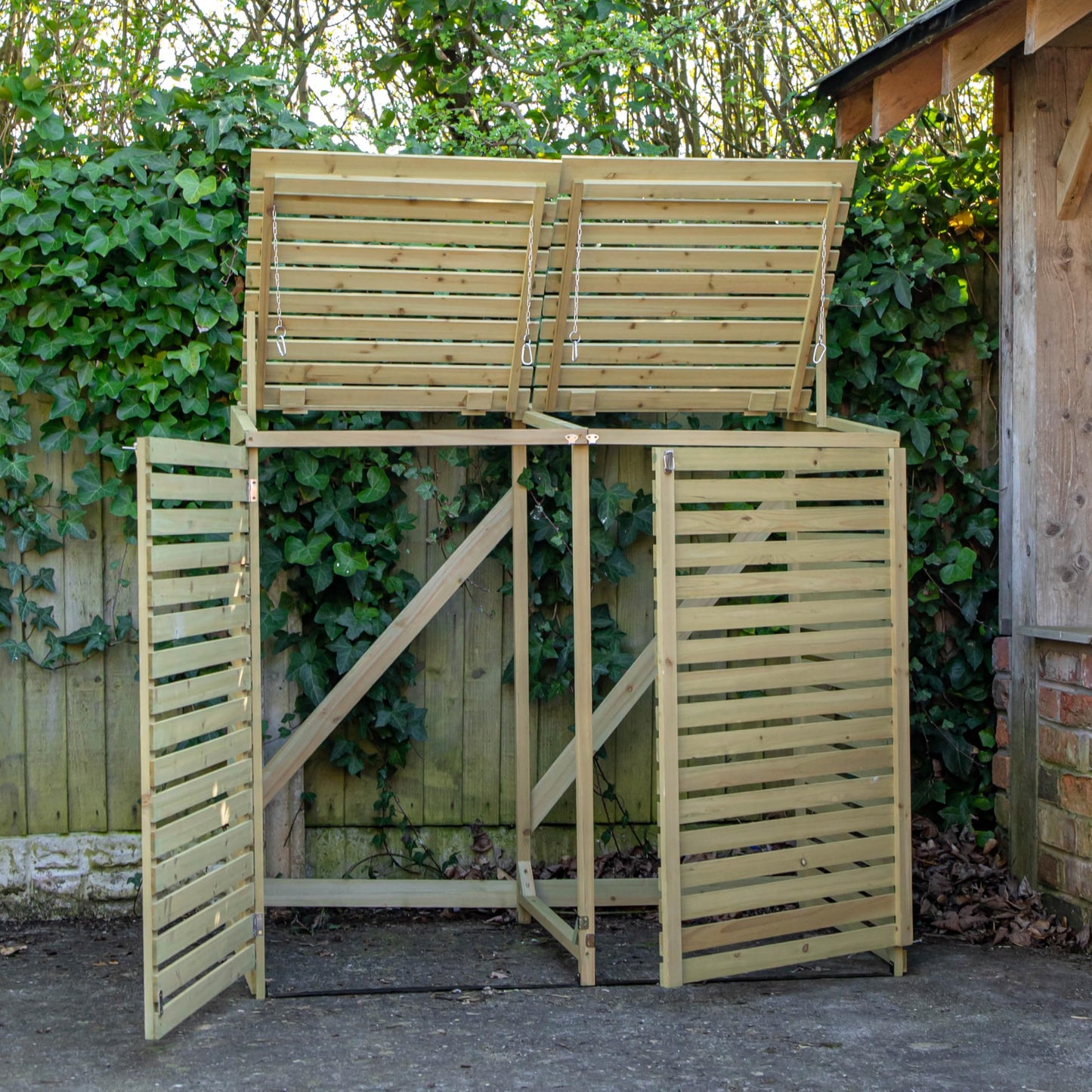 Factory Seconds: 1.34m x 1.2m Large Wooden Outdoor Garden Double Wheelie Bin Store Storage for 2 Bins