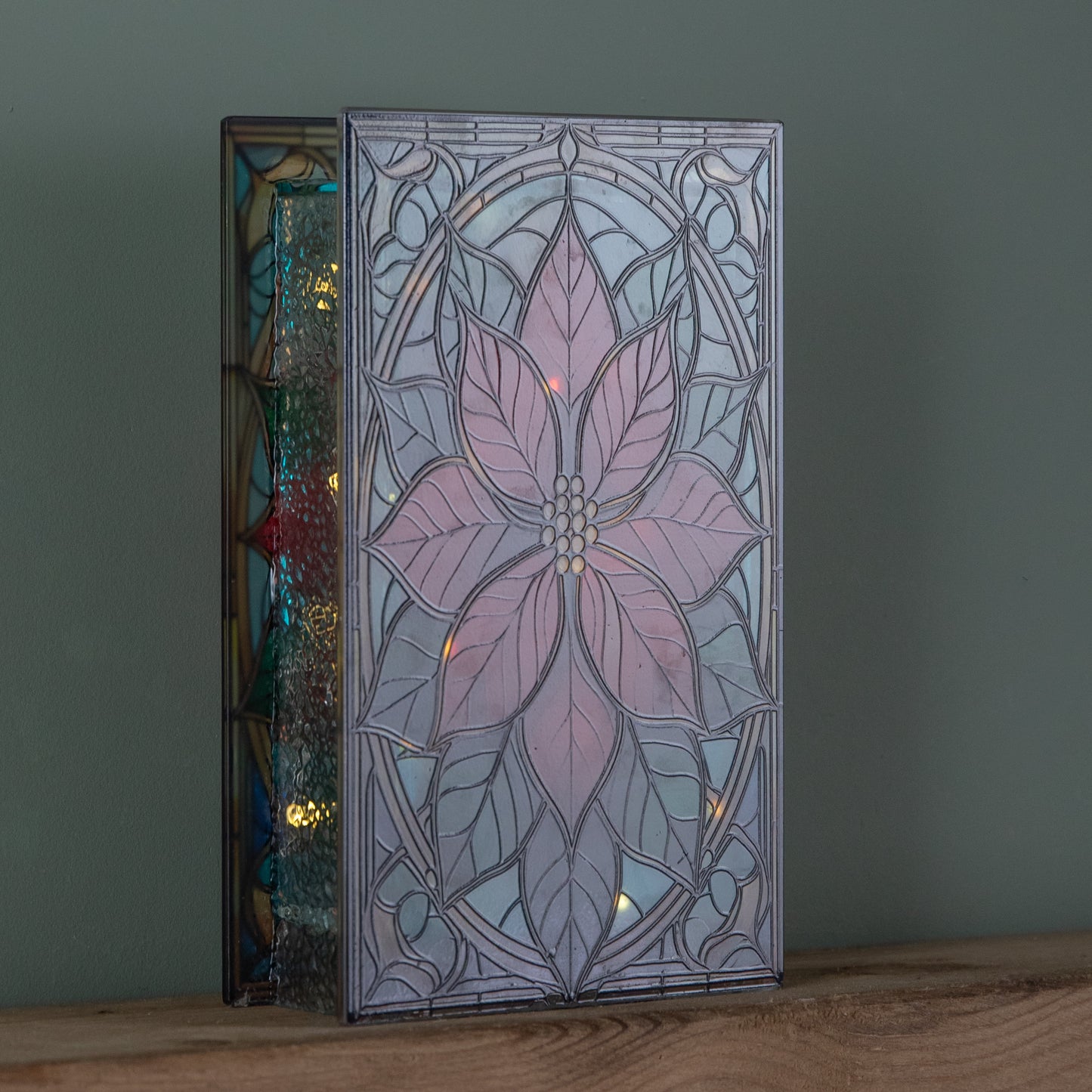 21cm Battery Operated Light up Double Sided Stained Glass Poinsettia Decoration with LEDs