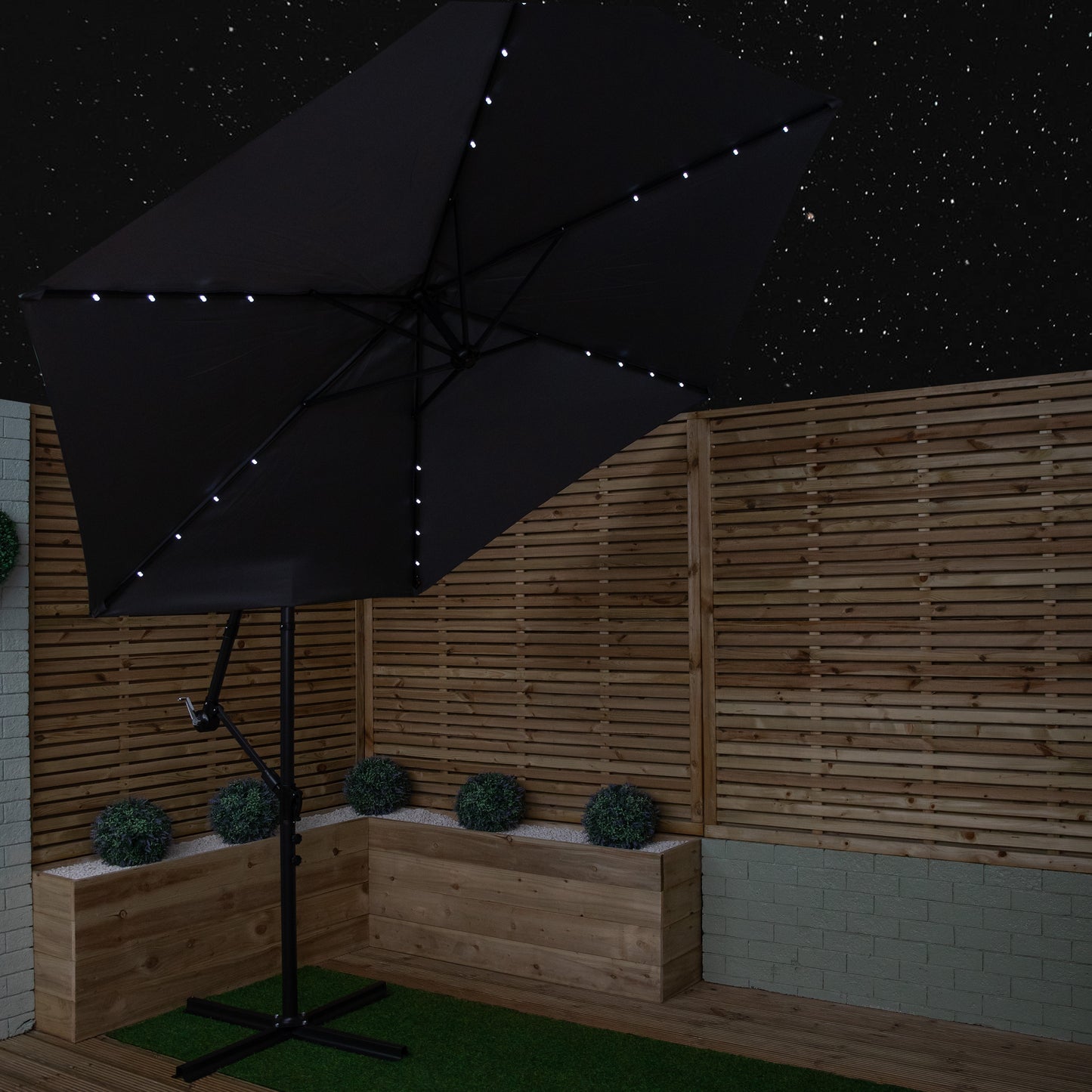 3m Solar Powered Lit Banana Cantilever Garden Parasol with LEDs & Base Weights Included in Grey
