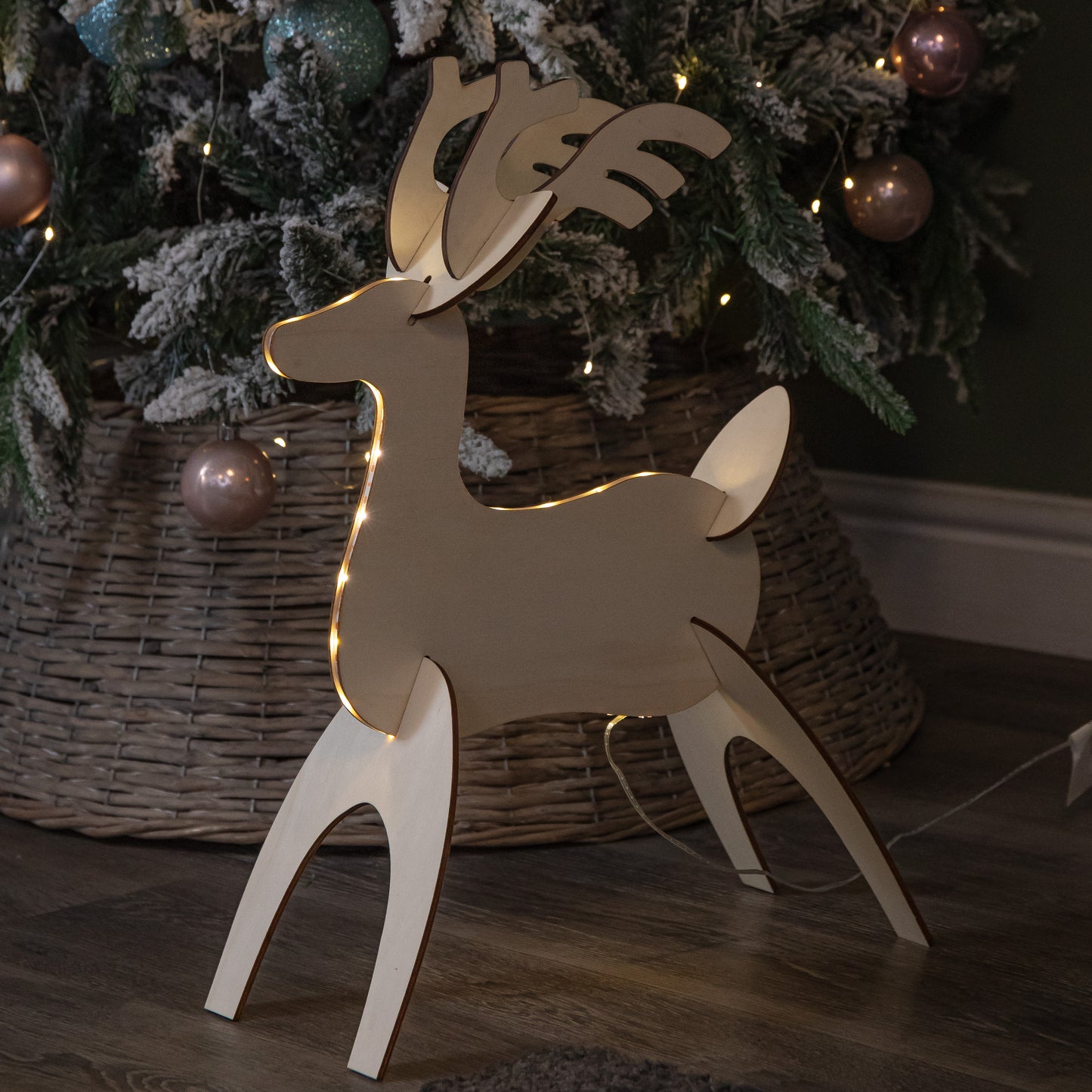 50cm Battery Operated Light up 3D Wooden Christmas Reindeer with 31 Warm White LEDs