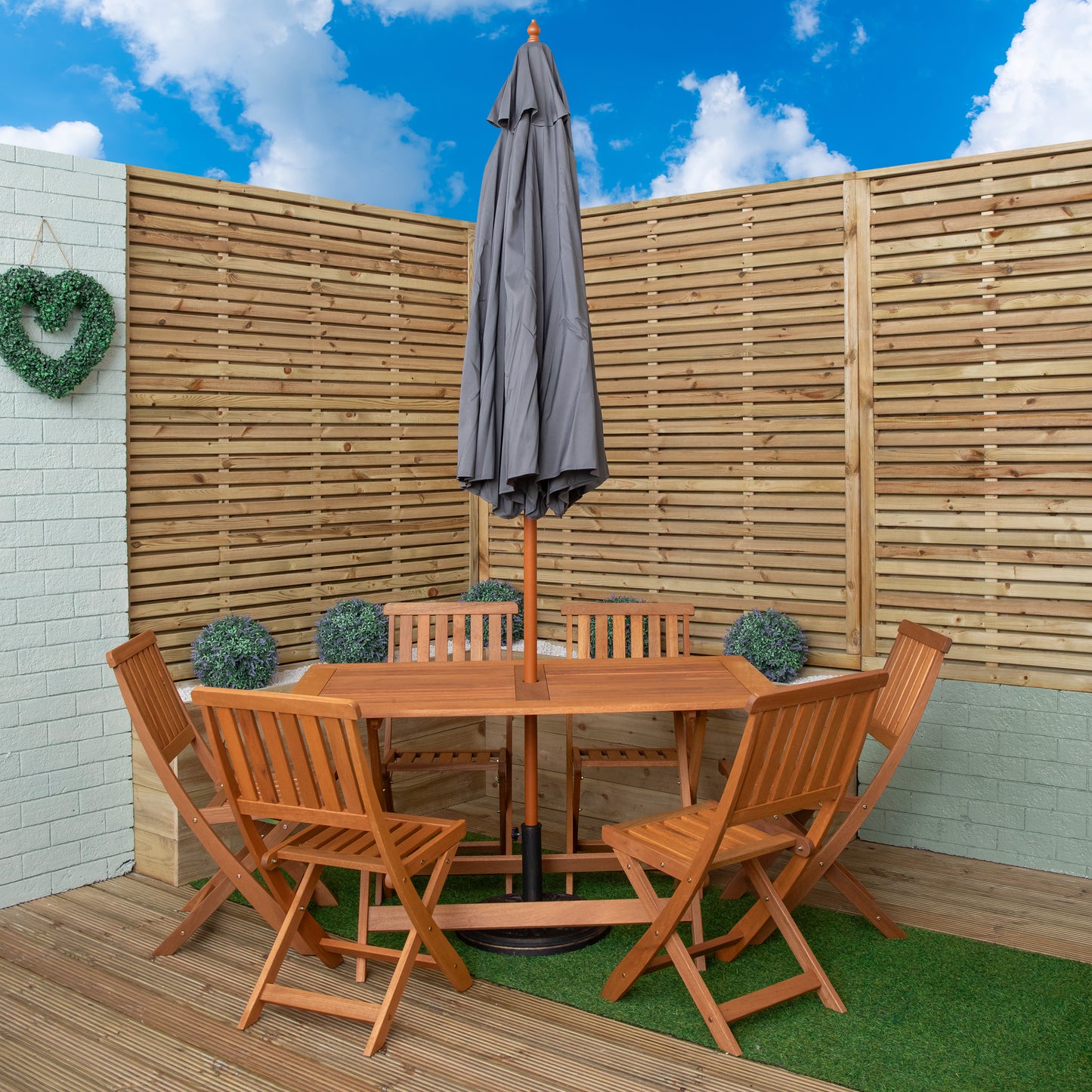 Outdoor 6 Person Folding Rectangular Wooden Garden Dining Table Chairs Grey Parasol and Base set