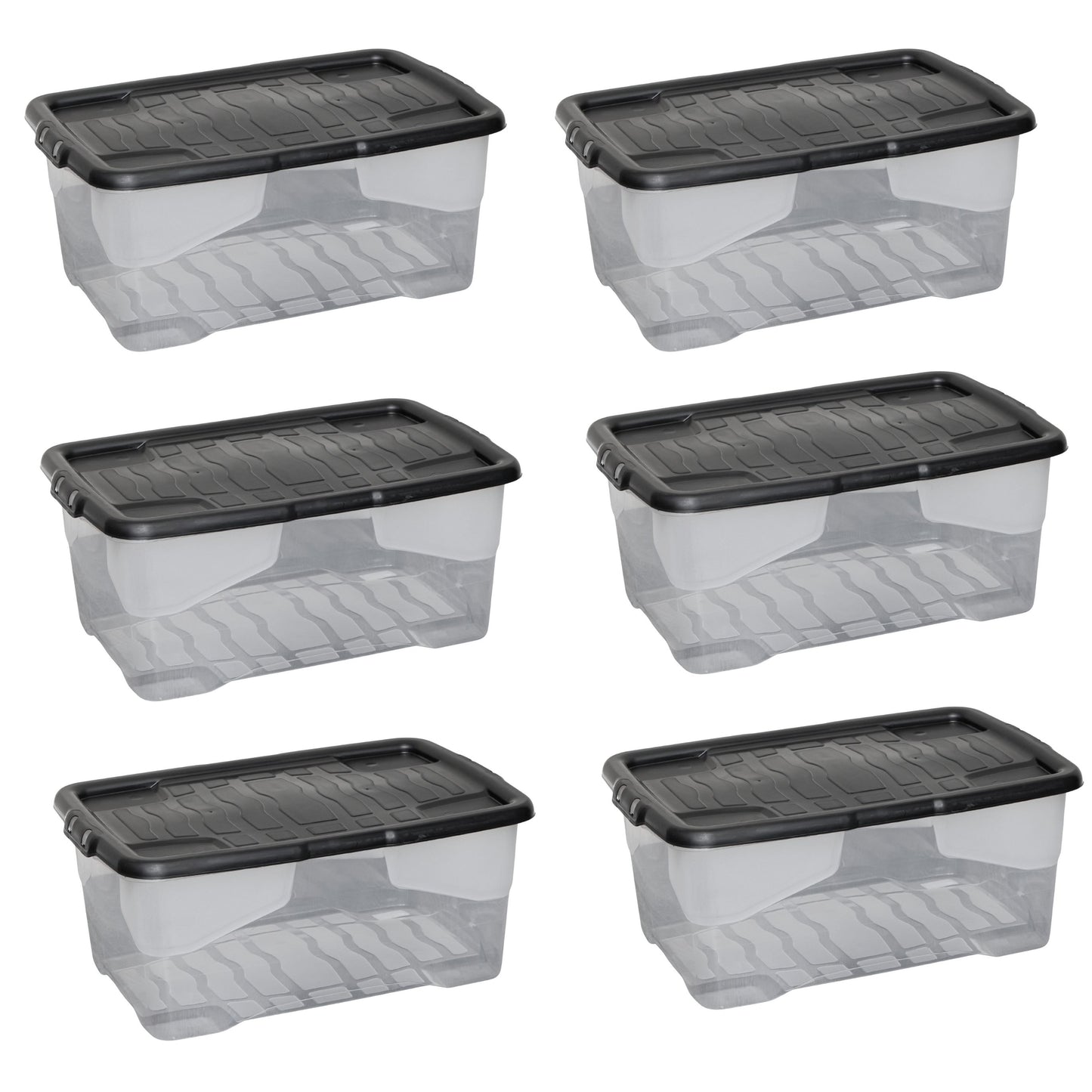 6 x 42L Clear Storage Box with Black Lid, Stackable and Nestable Design Storage Solution