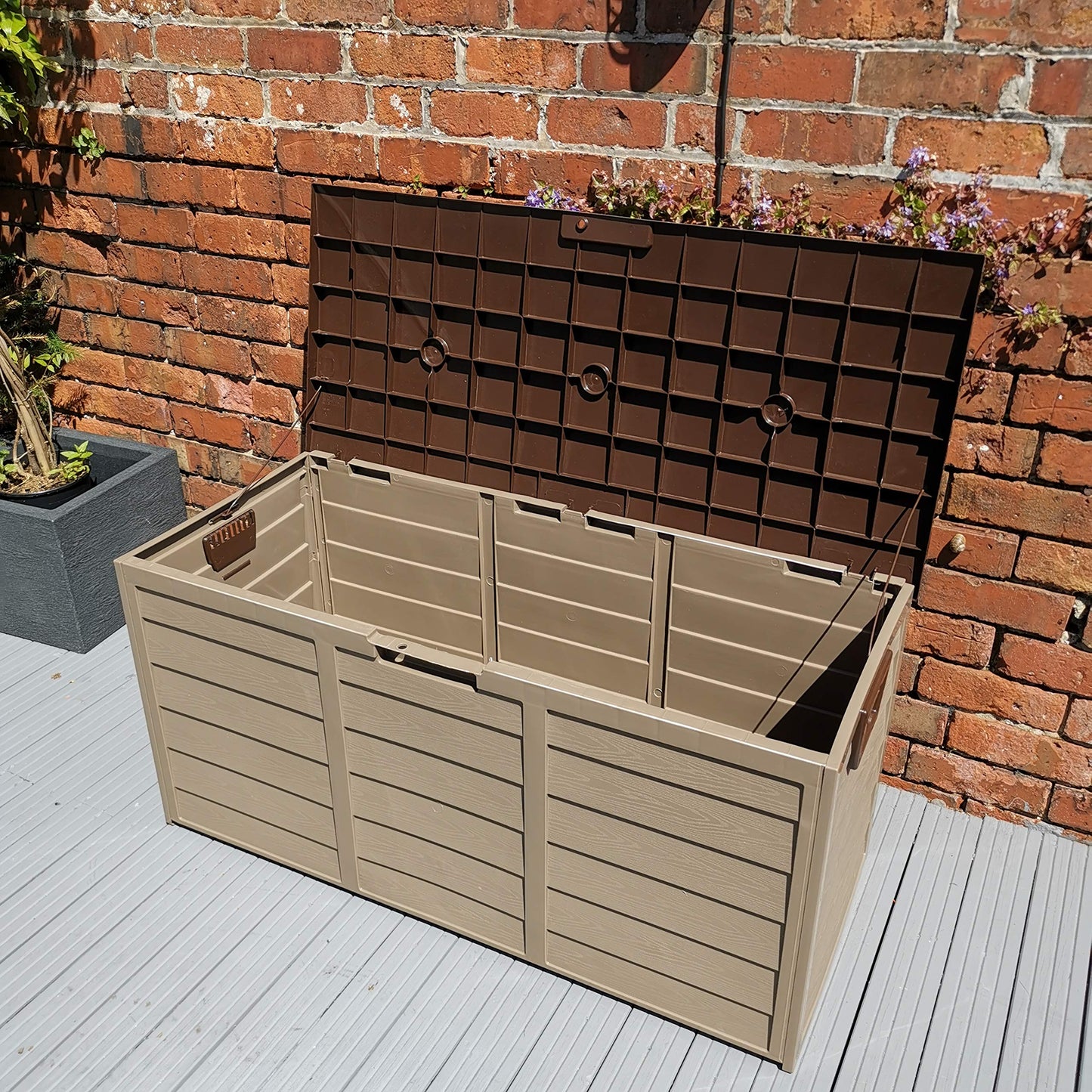 Factory Seconds: 335 Litre Rattan Style Garden Cushion Storage Box with Sit on Lid – Dark Brown