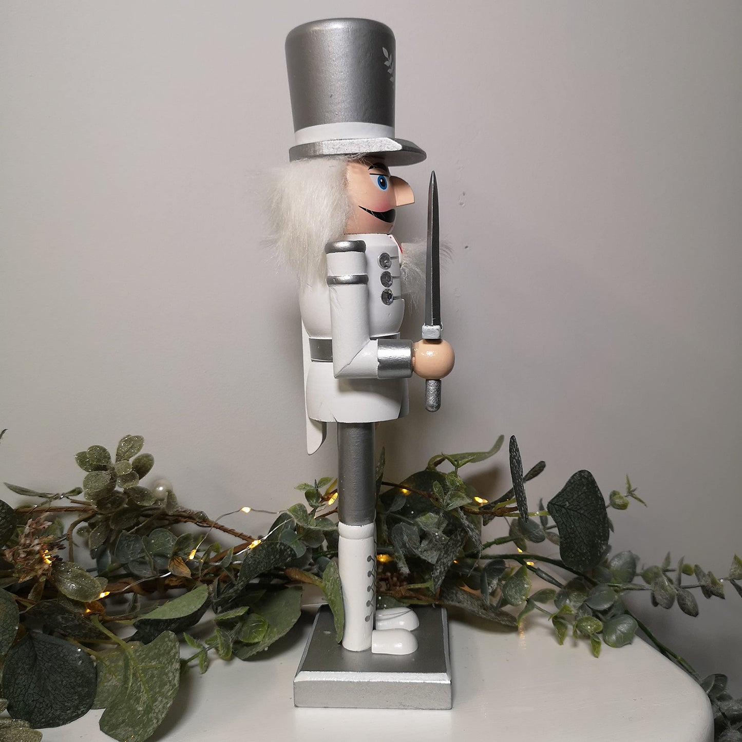Factory Seconds: 30cm Wooden Christmas Nutcracker Soldier Decoration in White and silver