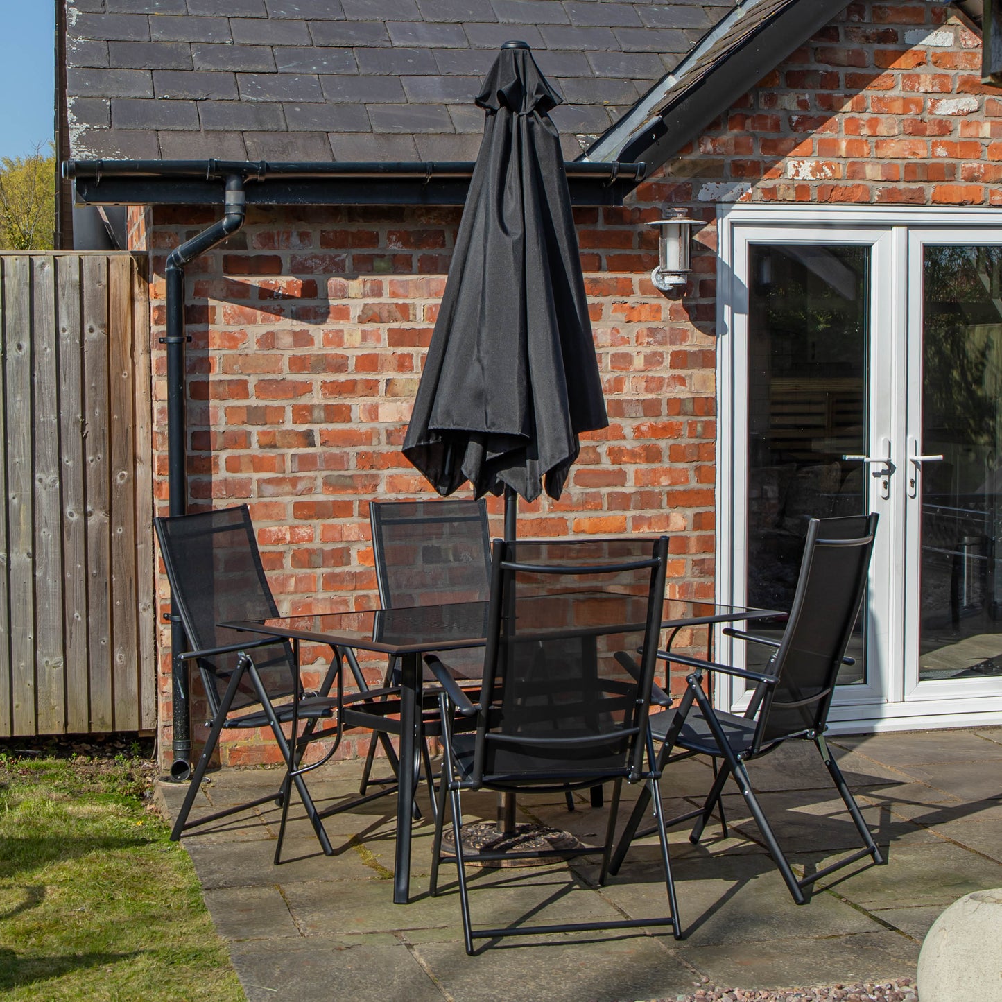 Outdoor 4 Person Rectangular Glass Top Garden Dining Table Chairs With Black Parasol and Base Set