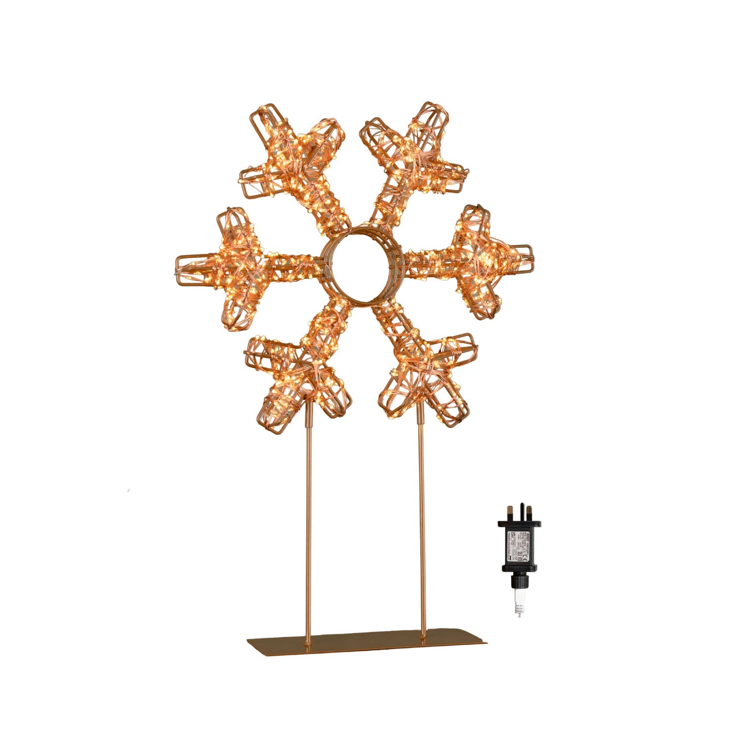 45cm Light up Rose Gold Christmas Snowflake on Metal Stand with Twinkling Warm White LEDs