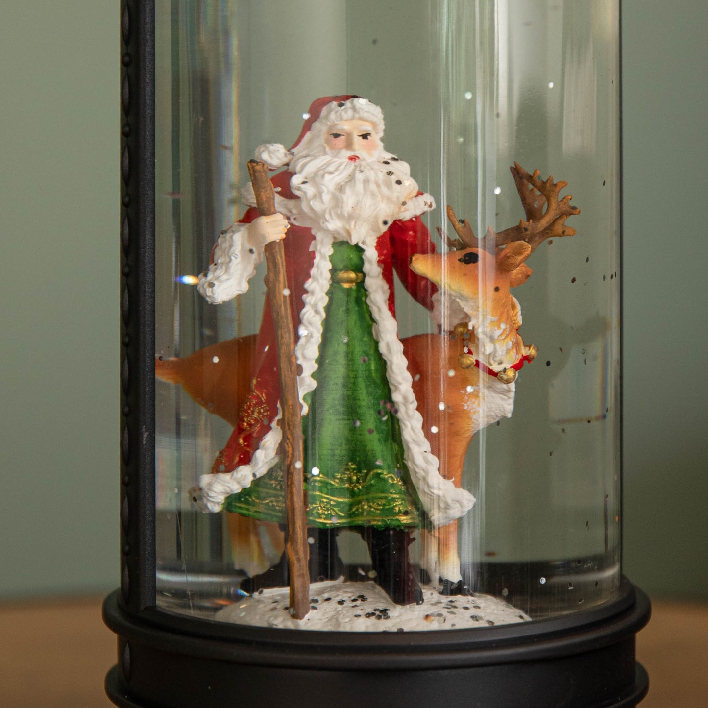 29cm Dual Power LED Christmas Glitter Water Spinner Black Lantern Santa & Reindeer Scene