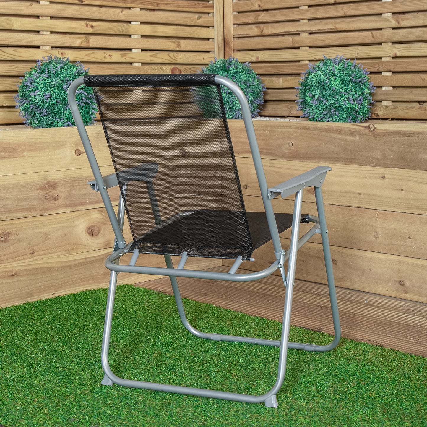 2 x Foldable Garden Chairs Fixed position garden chairs with grey frame and black fabric