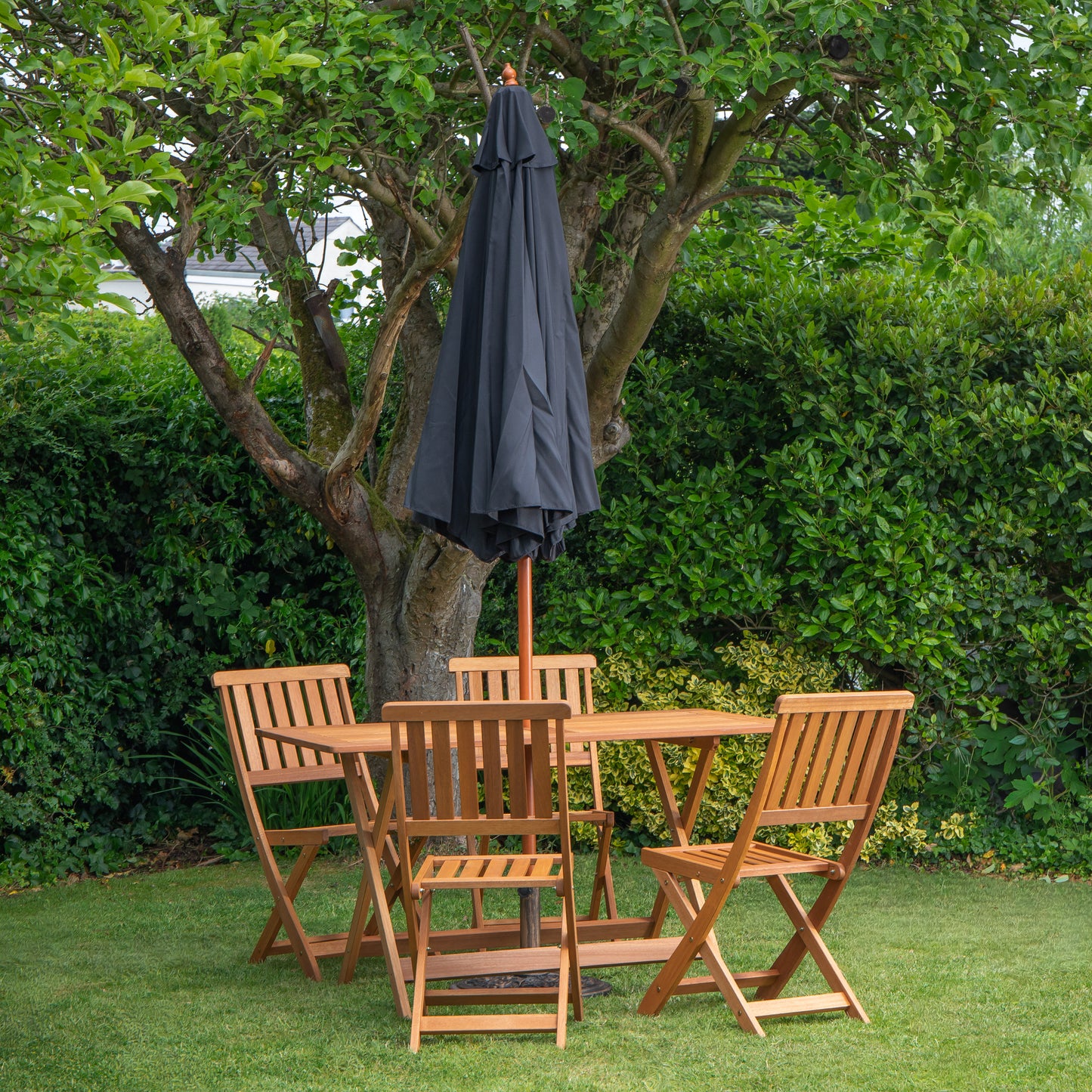 Outdoor 4 Person Folding Rectangular Wooden Garden Dining Table Chairs Black Parasol and Base Set