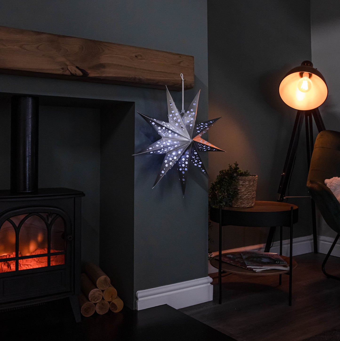 50cm Battery Powered Light up Silver Origami Hanging Christmas Star with LEDs