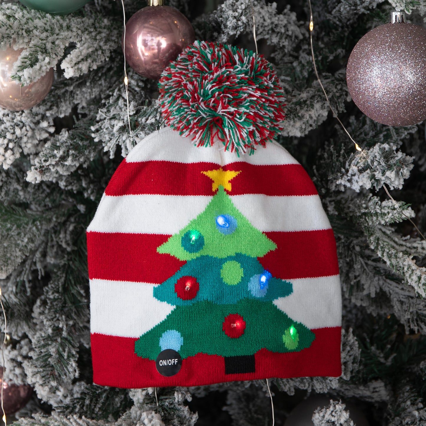 Light up Flashing Party Beanie Festive Hat with Christmas Tree & Multi-Coloured LEDs