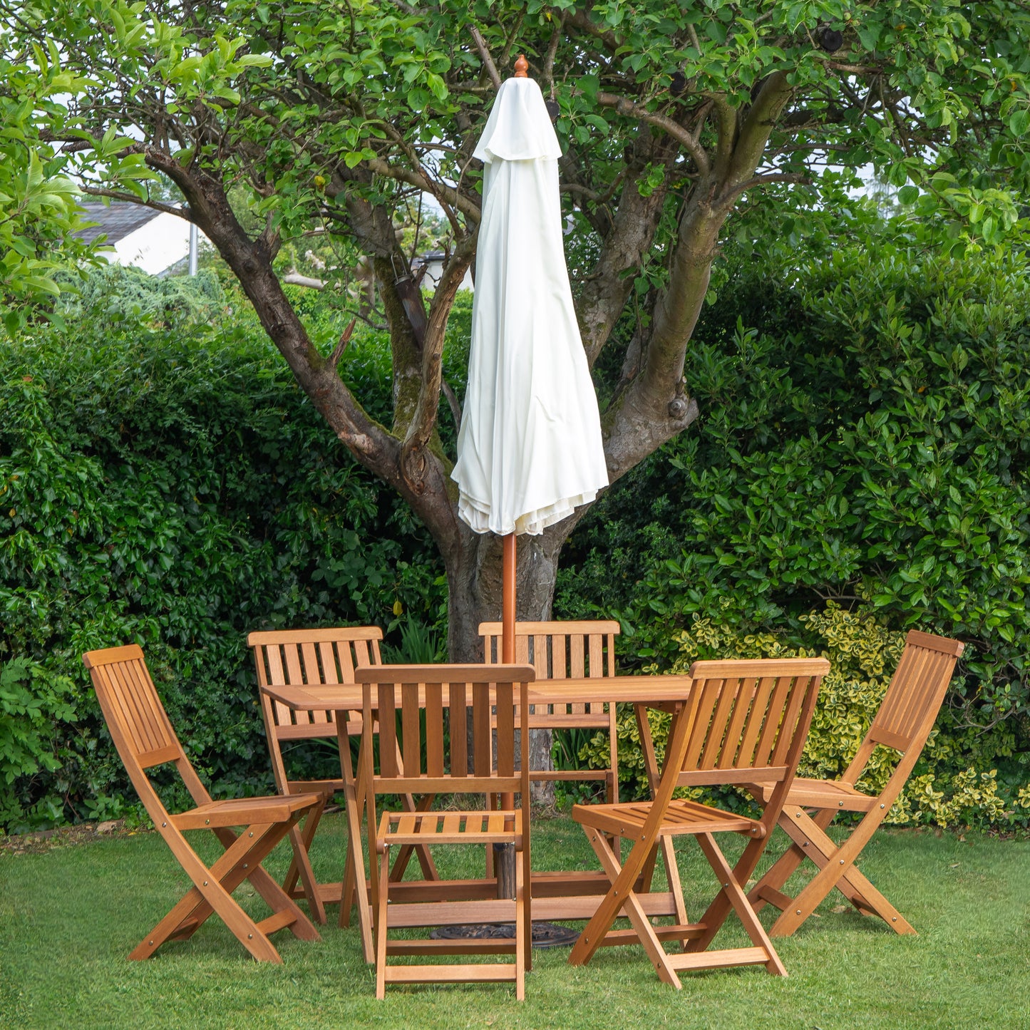 Outdoor 6 Person Folding Rectangular Wooden Garden Dining Table Chairs Cream Parasol and Base set