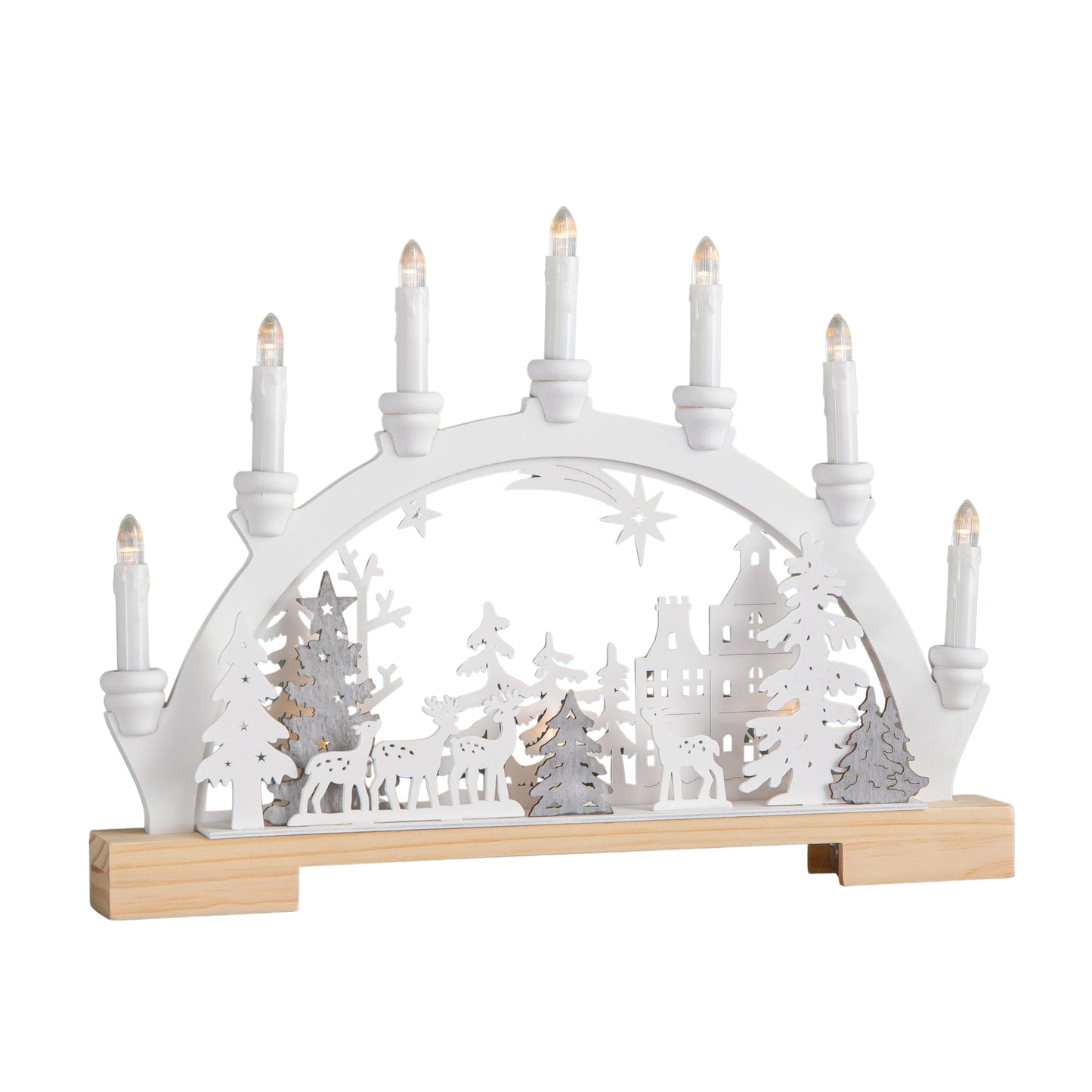 45cm Battery Operated Wooden Christmas Candle Bridge with Reindeer Scene & LEDs