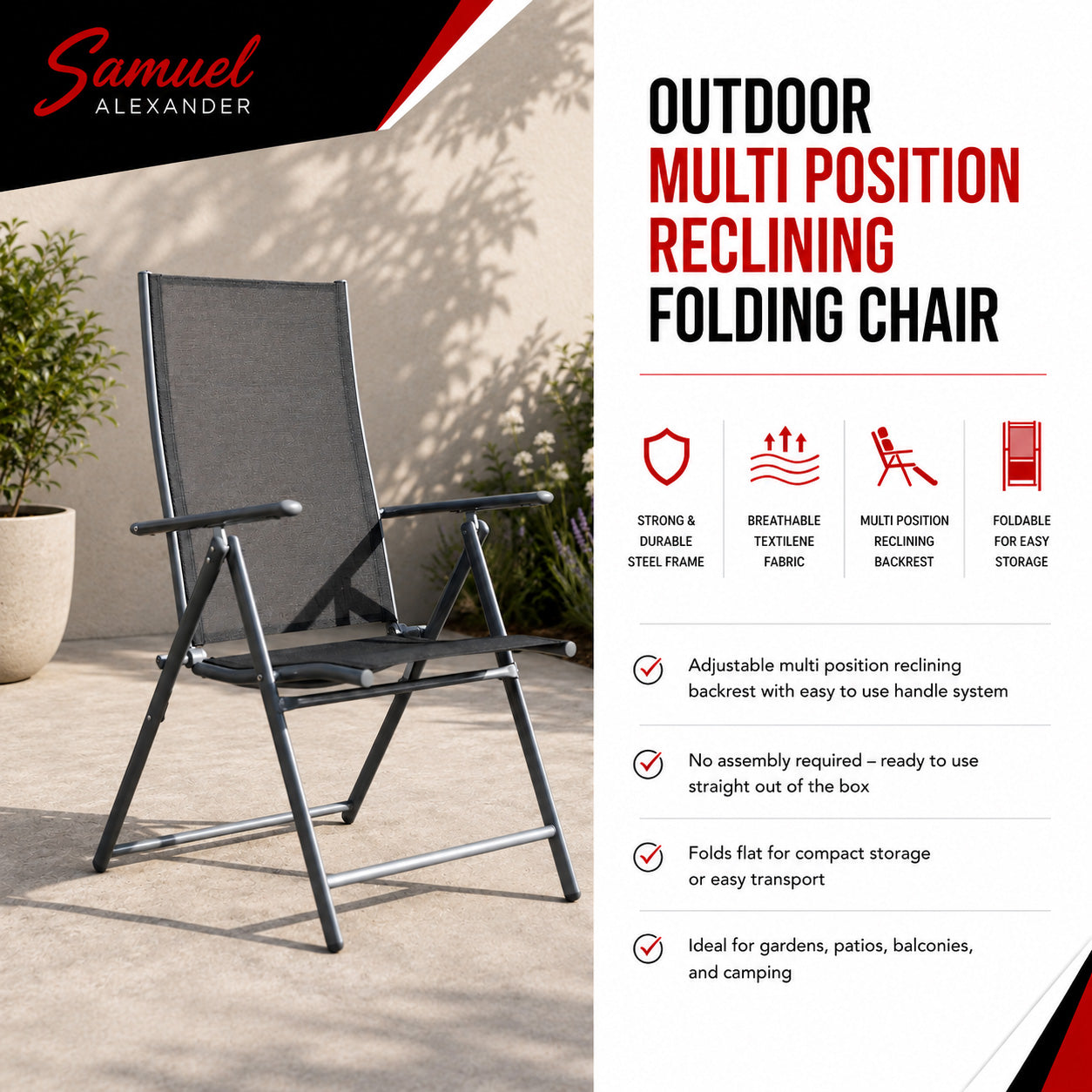 Outdoor Garden Patio Multi Position Reclining Folding Chair in Black and Silver
