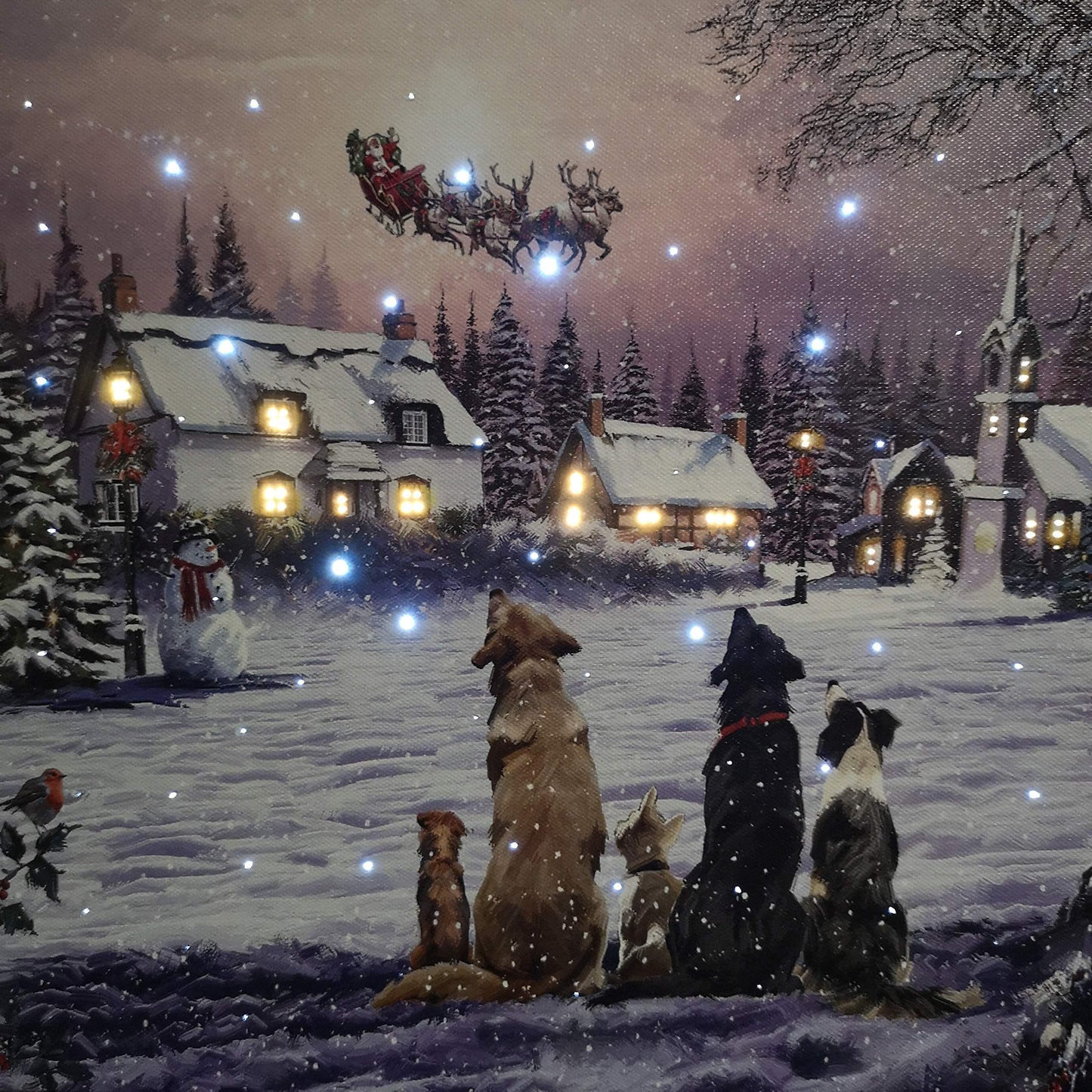 40 x 30cm Battery Operated Light up Fibre Optic Dogs Watching Santa Christmas Wall Canvas