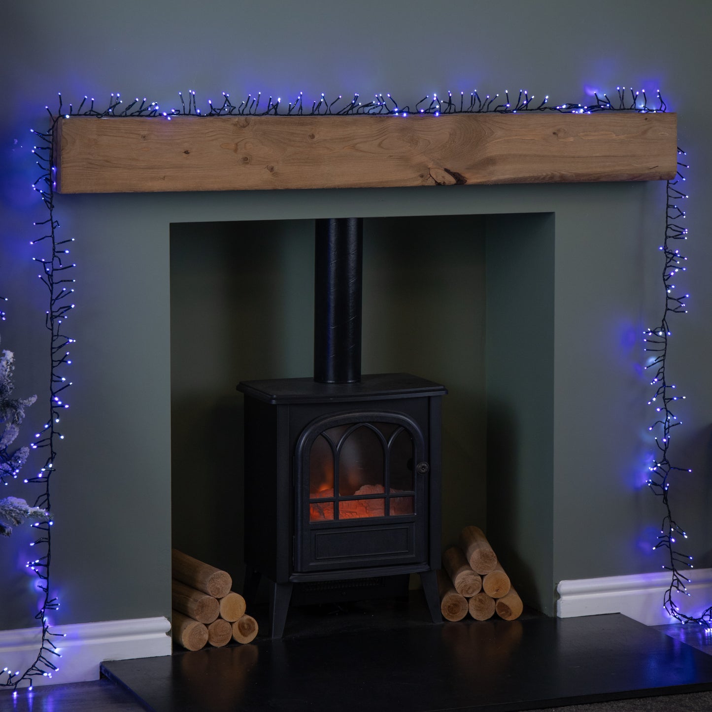 6.2m 480 LED Christmas Cluster Multi-Action String Lights with Timer in Blue, Purple & White