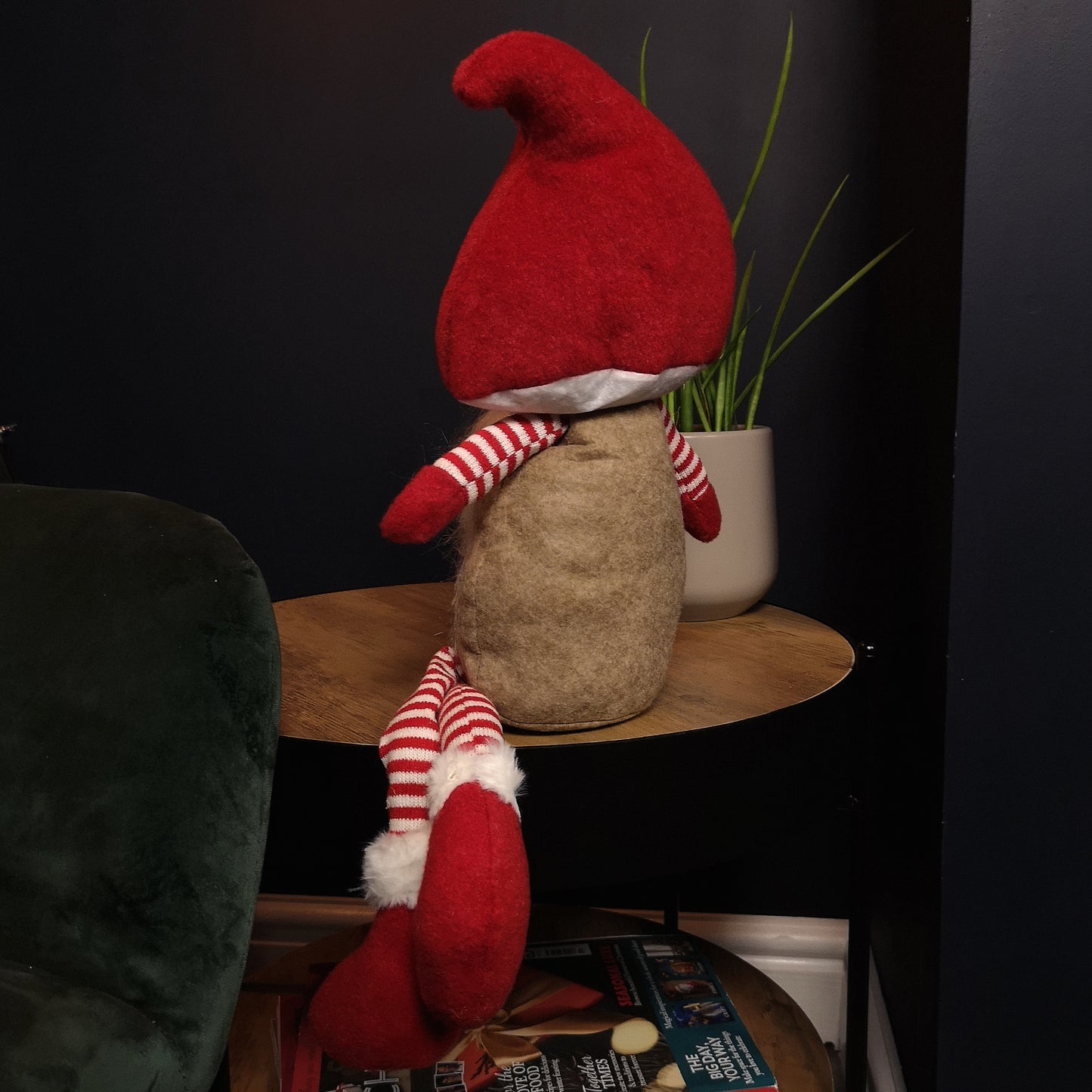53cm Stripey Red Plush Sitting Christmas Boy Gonk with Dangly Legs and Mushroom Hat