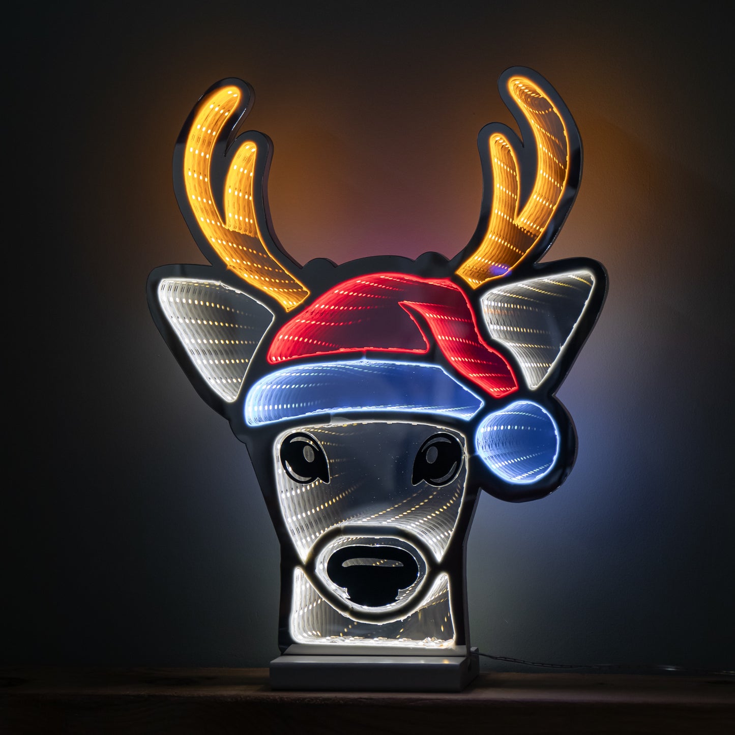 40cm Light up Christmas Deer Head in Santa Hat Infinity Decoration with LEDs