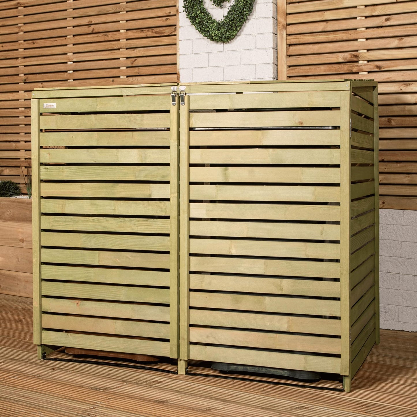 Factory Seconds: 1.34m x 1.2m Large Wooden Outdoor Garden Double Wheelie Bin Store Storage for 2 Bins