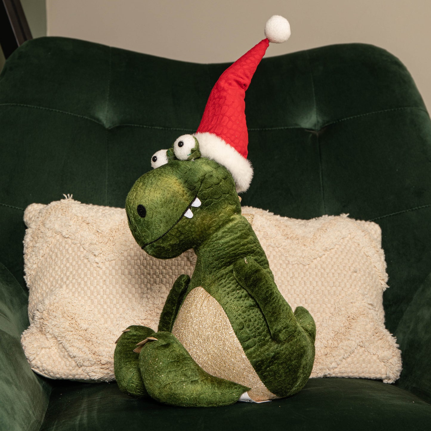 48cm Green Sitting Christmas Dinosaur with Santa Hat