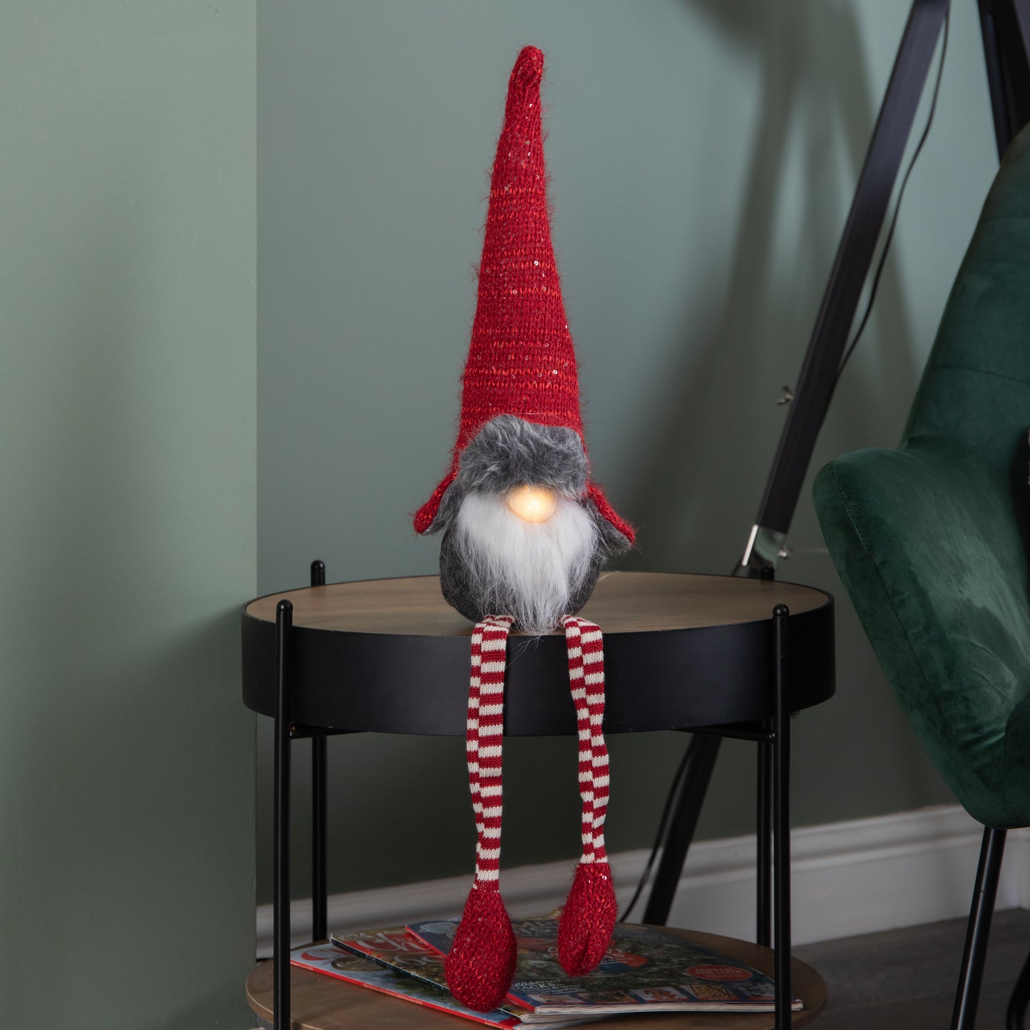 72cm Lit Plush Christmas Gonk with Dangly Legs & Aviator Hat in Red & Grey