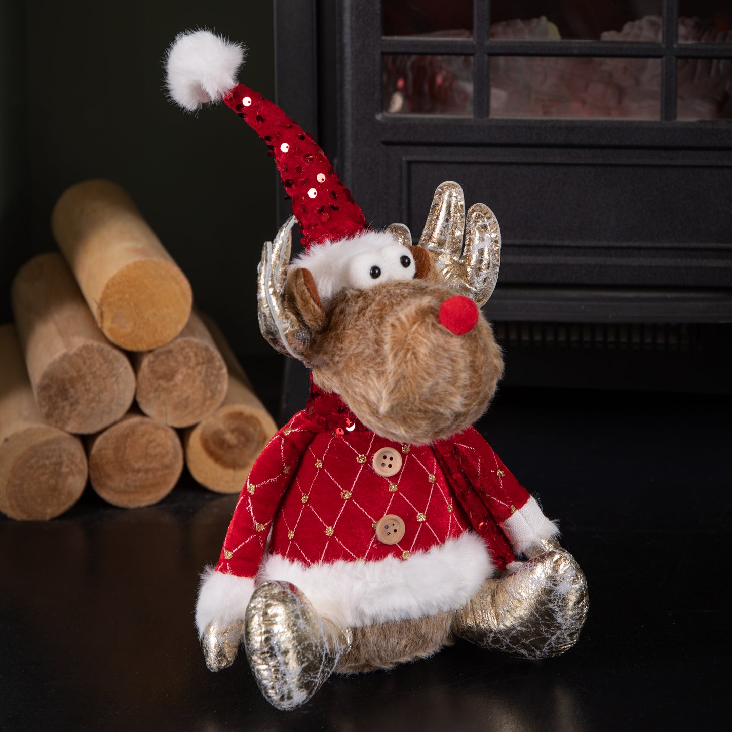 35cm Sitting Plush Golden Prancer Christmas Reindeer Decoration