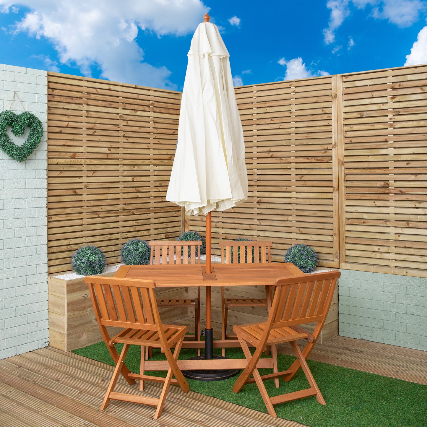 Outdoor 4 Person Folding Rectangular Wooden Garden Dining Table Chairs Cream Parasol and Base Set