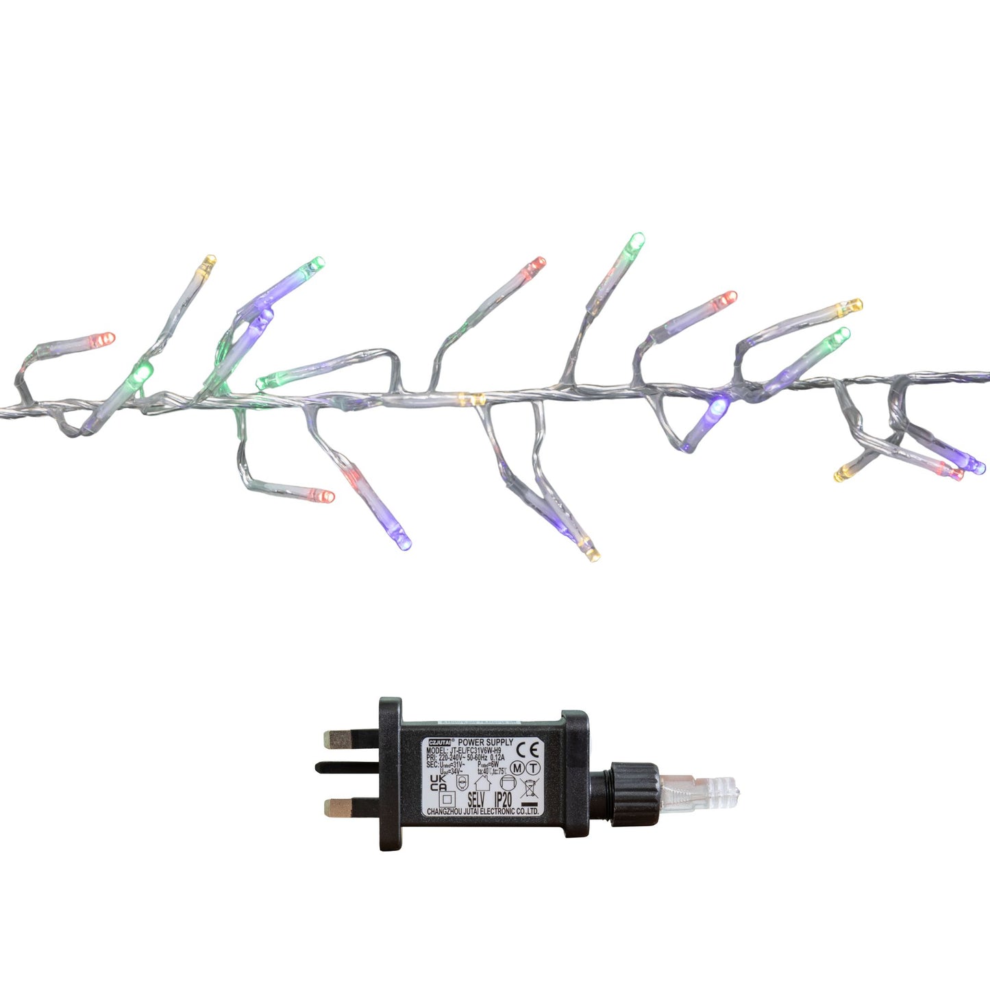 9.3m 720 LED Christmas Cluster String Lights with Timer in Multi-Coloured on Clear Cable
