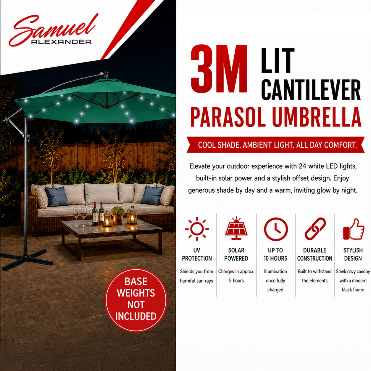 Samuel Alexander 3m Solar Powered Cantilever Lit Banana Garden Parasol with Crank Handle & White LED Lights in Green