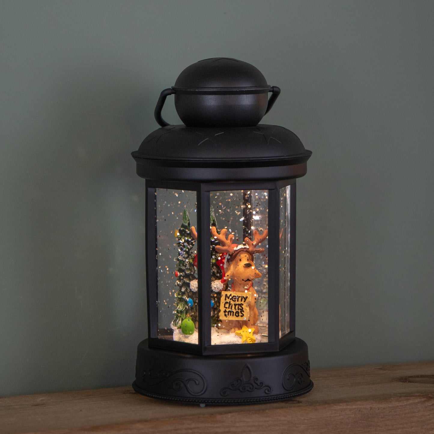18cm Battery Operated LED Christmas Glitter Water Spinner Black Lantern Dog & Tree Scene