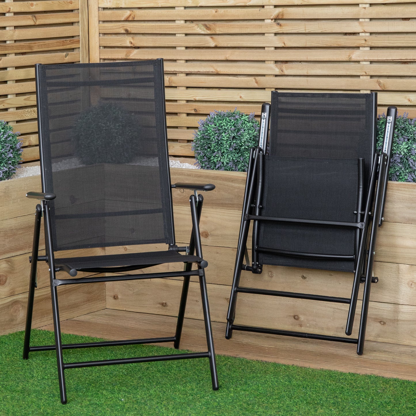 2 x Multi Position High Back Reclining Garden / Outdoor Folding Chair in Black