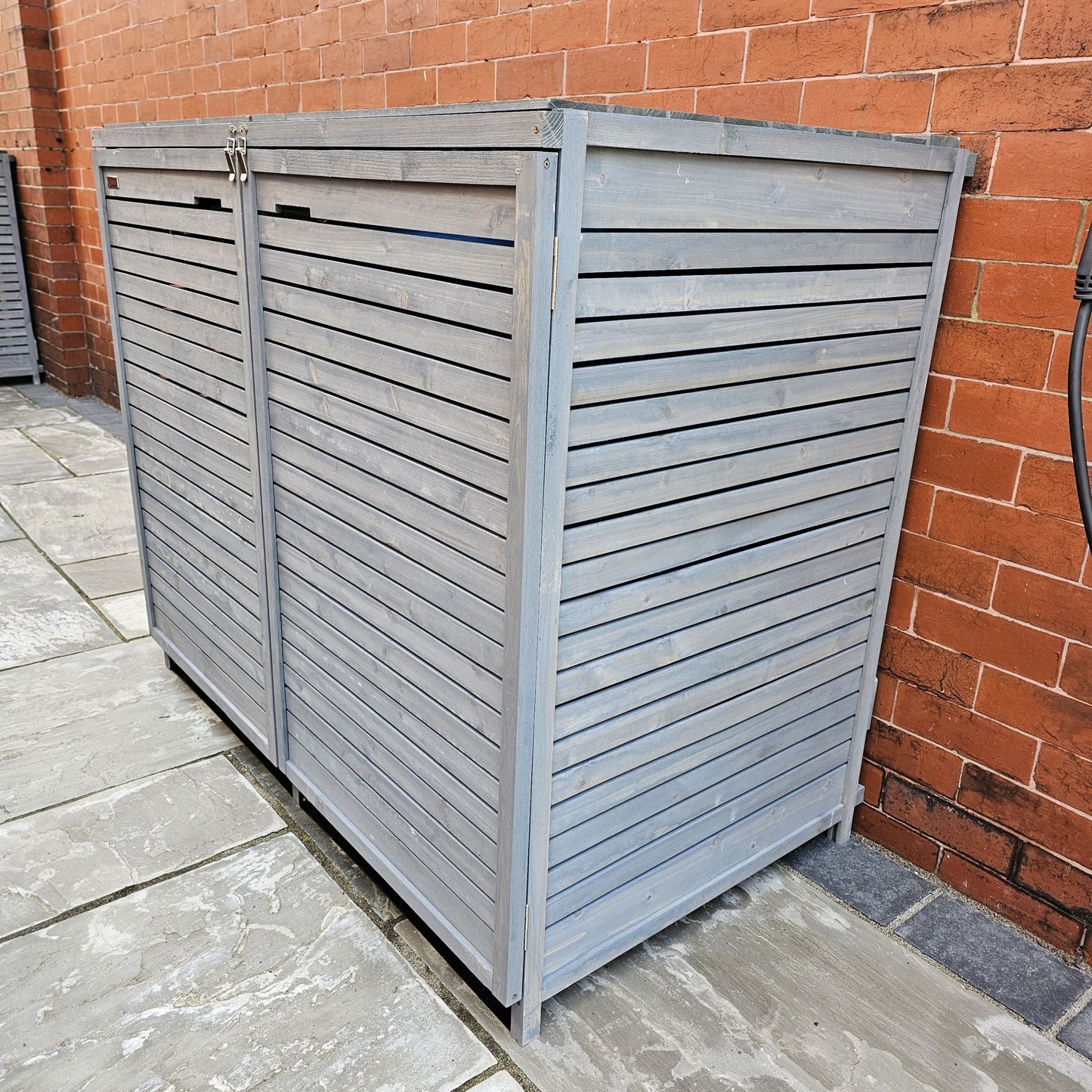 Factory Seconds 1.35m x 1.14m Large Grey Wooden Outdoor Garden Double Wheelie Bin Store Storage for 2 Bins