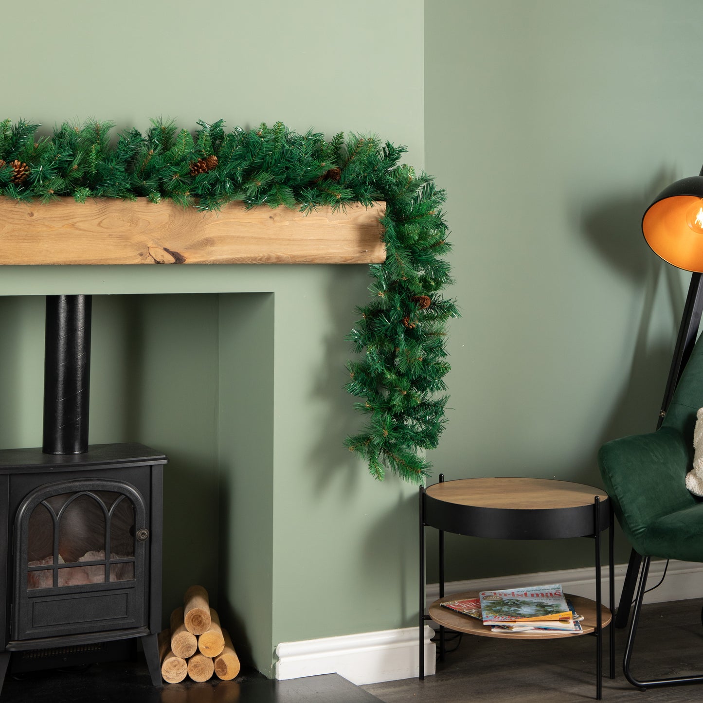 2.7m Green Christmas Garland with Pine Cones and Mixed Needles