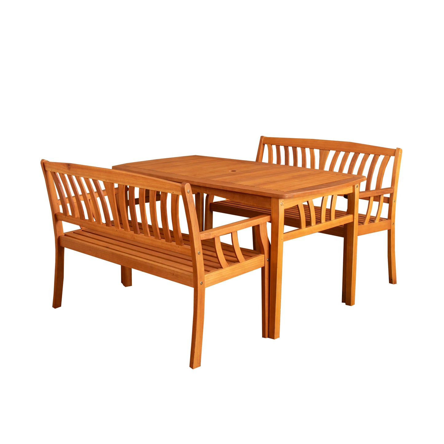 Outdoor 4 Person Rectangular Wooden Garden Dining Table with 2 Benches Furniture Set