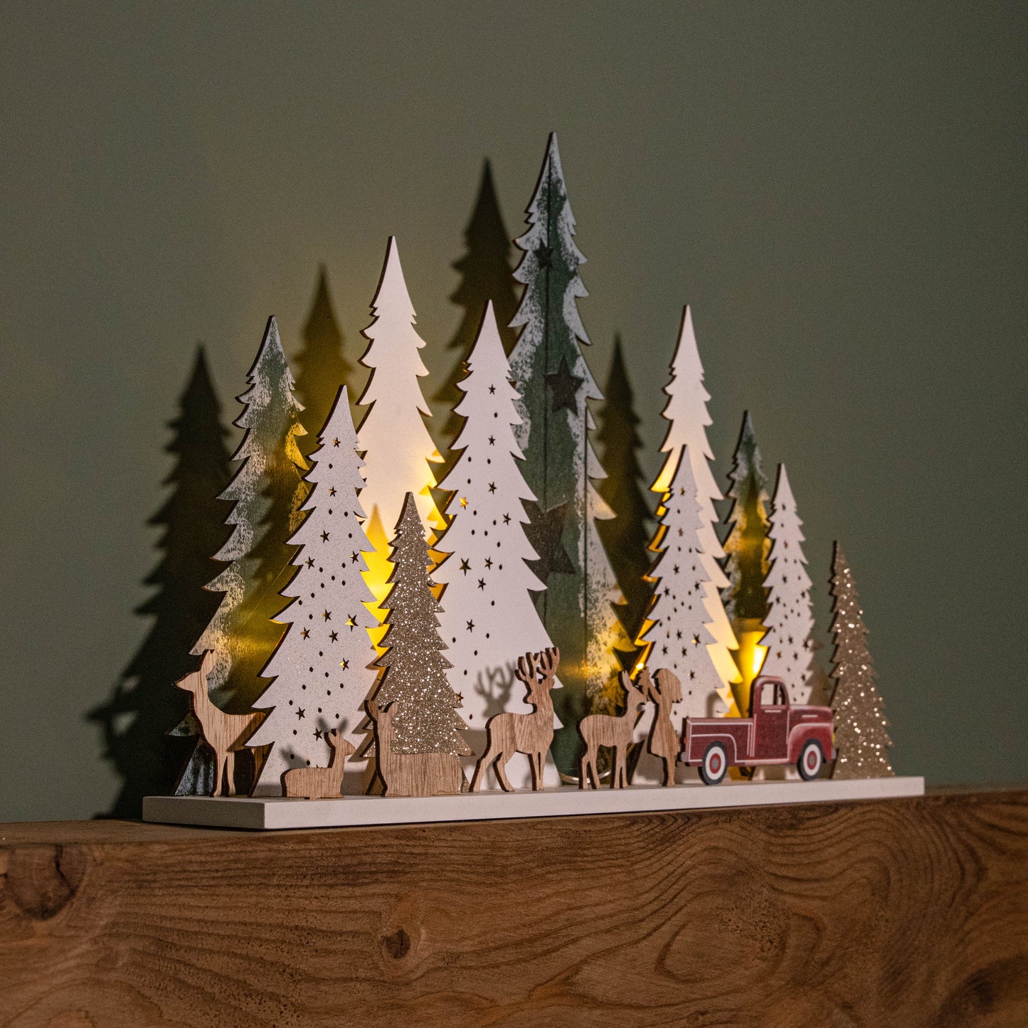 31cm Battery Operated Light up Wooden Christmas Tree with Deer and 15 Warm White LEDs