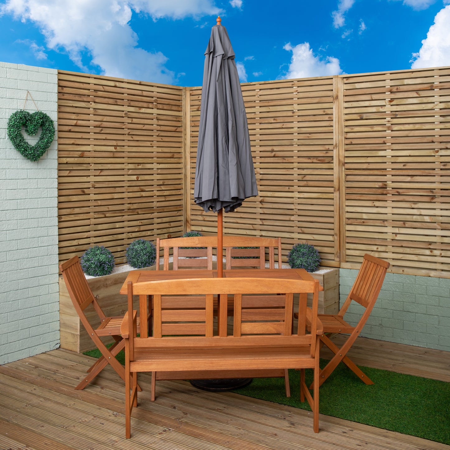 Outdoor 6 Person Folding Wooden Garden Dining Table Chairs and 2 Benches Grey Parasol and Base set