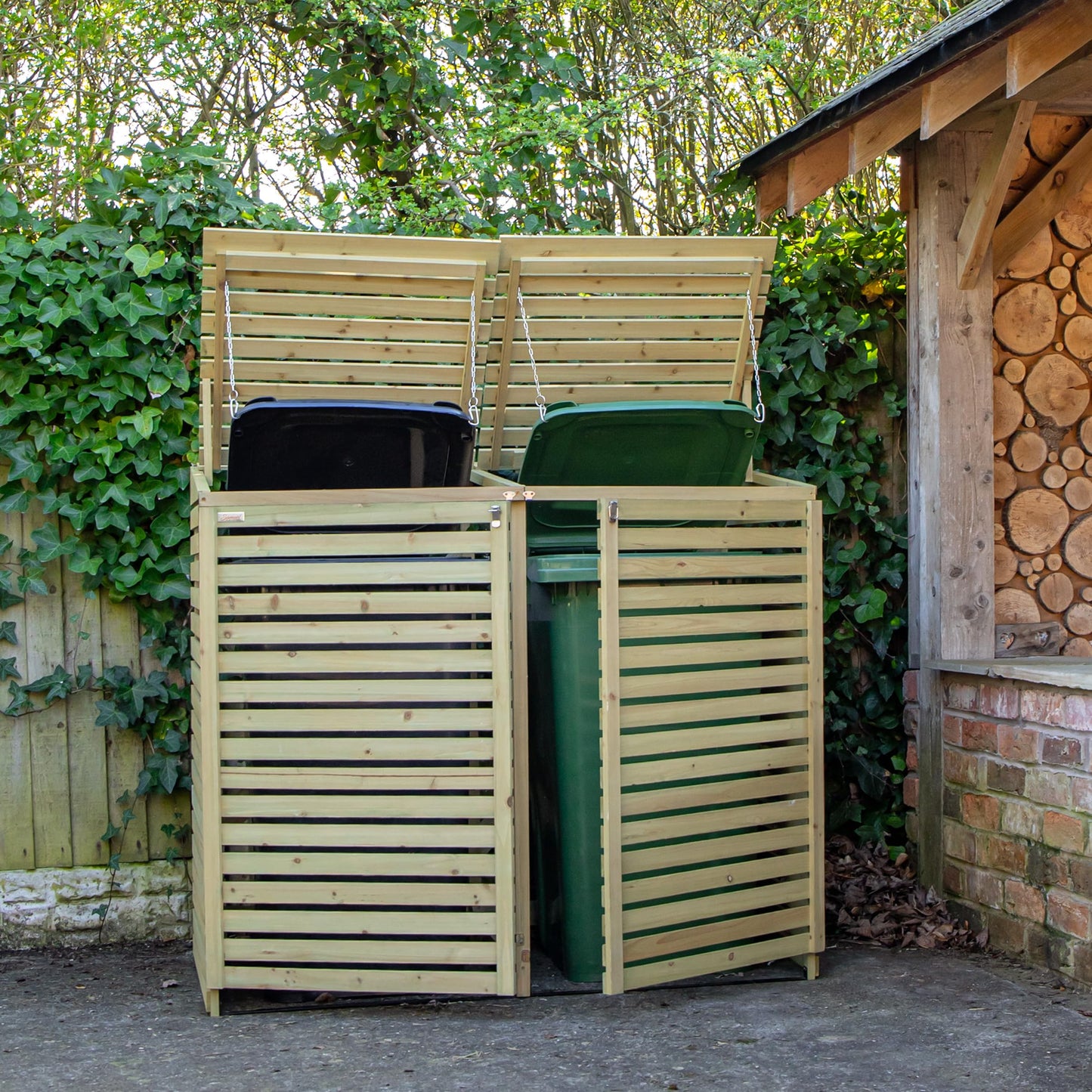 Factory Seconds: 1.34m x 1.2m Large Wooden Outdoor Garden Double Wheelie Bin Store Storage for 2 Bins