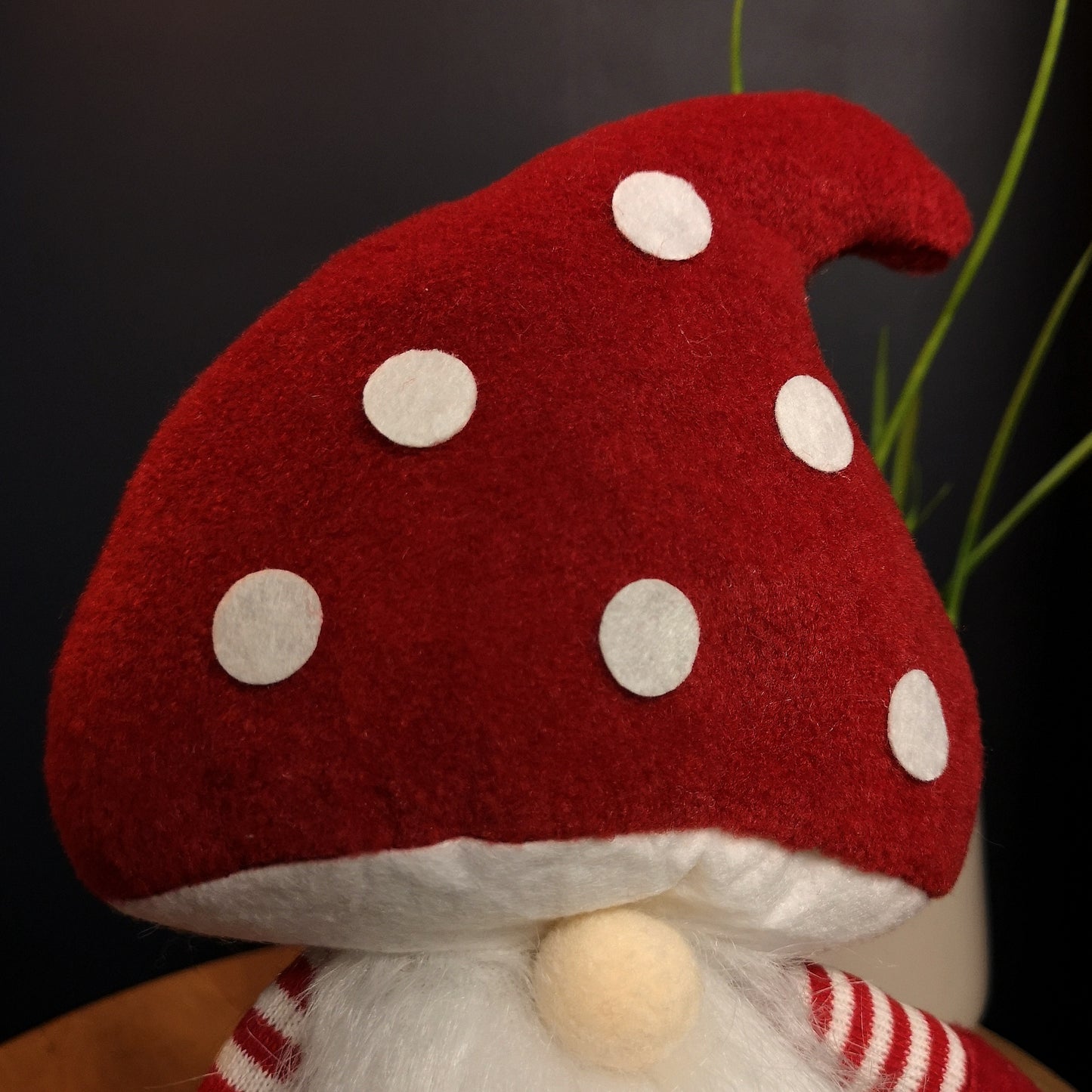 53cm Stripey Red Plush Sitting Christmas Boy Gonk with Dangly Legs and Mushroom Hat