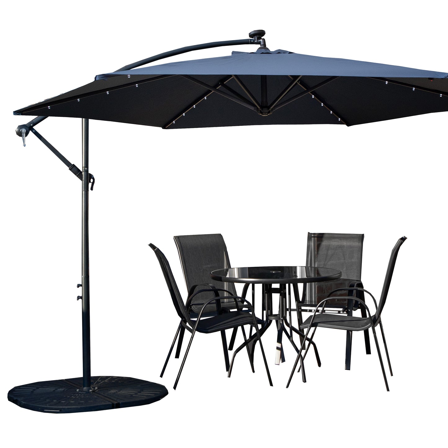 Outdoor 4 Person Round Glass Top Garden Dining Table Chairs With Blue Banana Lit Parasol and Base