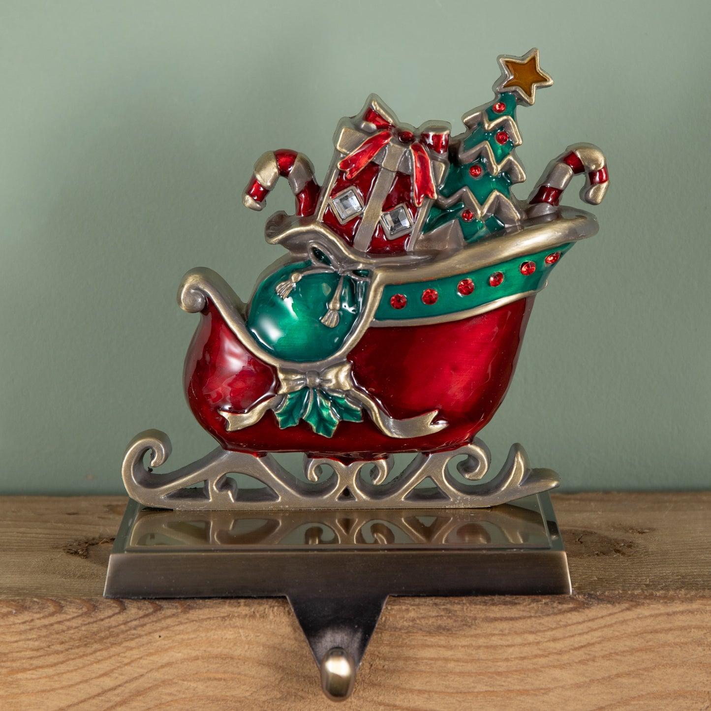 16cm Red and Green Santa Sleigh Christmas Stocking Holder with Hook
