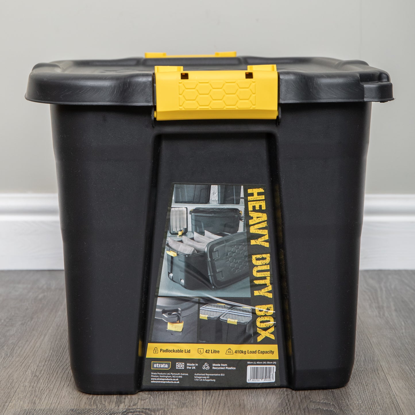 4 x 42L Heavy Duty Storage Tubs Sturdy, Lockable, Stackable and Nestable Design Storage Chests with Clips in Black