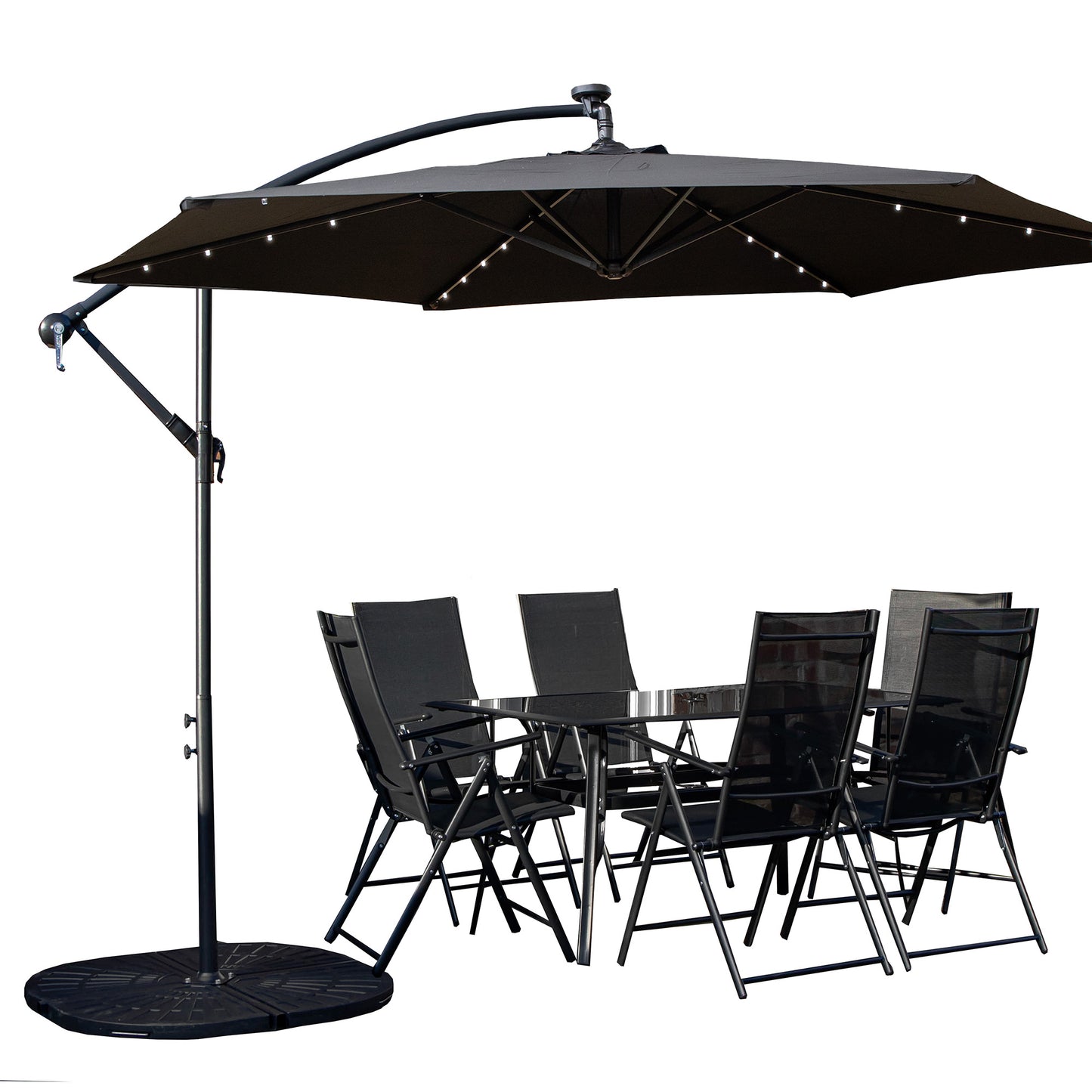 Outdoor 6 Person Rectangular Glass Top Garden Dining Table Chairs With Black Banana Lit Parasol and Base Set