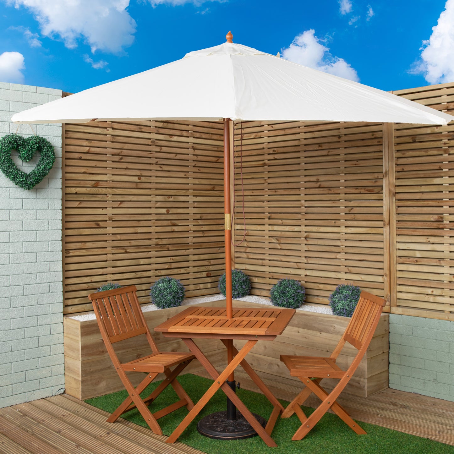 Outdoor 2 Person Folding Wooden Garden Dining Table Chairs Cream Parasol and Base Set